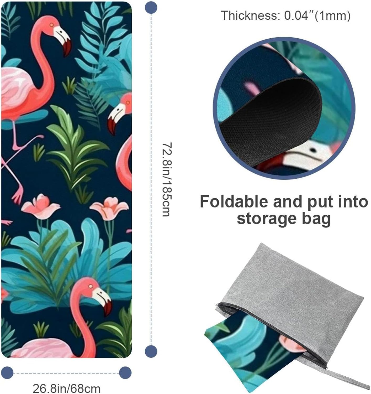 Yoga Towel, Tropical Flamingo Pattern Non Slip Sweat Absorbent Hot Yoga Mat Towel for Hot Yoga, Pilates and Fitness - 72.8" x 26.8"