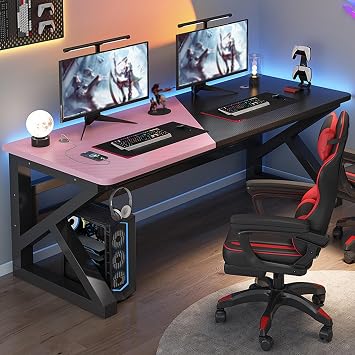 Gaming Desk for 2 People, Computer Table, Carbon Fiber Top, Double Computer Desk with Wiring Holes, K-Shaped Leg Structure Design, Width 39.4 / 47.2 / 55.1 / 63.0 / 70.9 inches 100 / 120 / 140