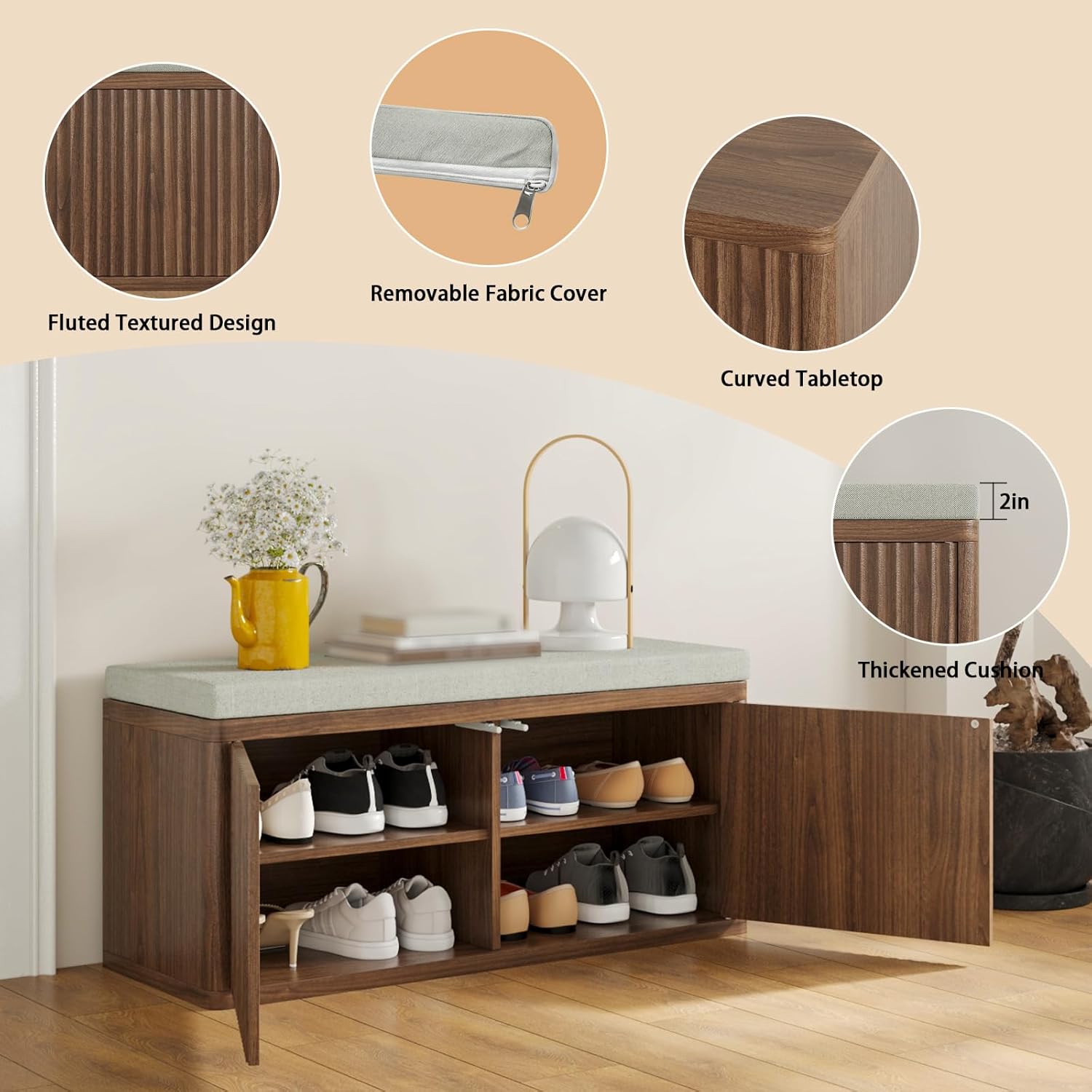 Double Layered Shoe Cabinet with Bench,Wooden Shoe Bench with Soft Cushion,Double Door without Handle Pressing Spring,Fluted Panel,Suitable for Entrance,Corridor and Living Room (Shoe Bench-Walnut)