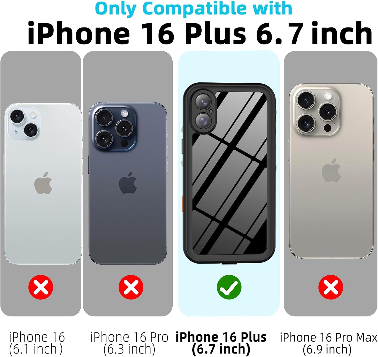 Waterproof Case for iPhone 16 Plus, Built-in Guard & Magnetic, Black-Side image 2