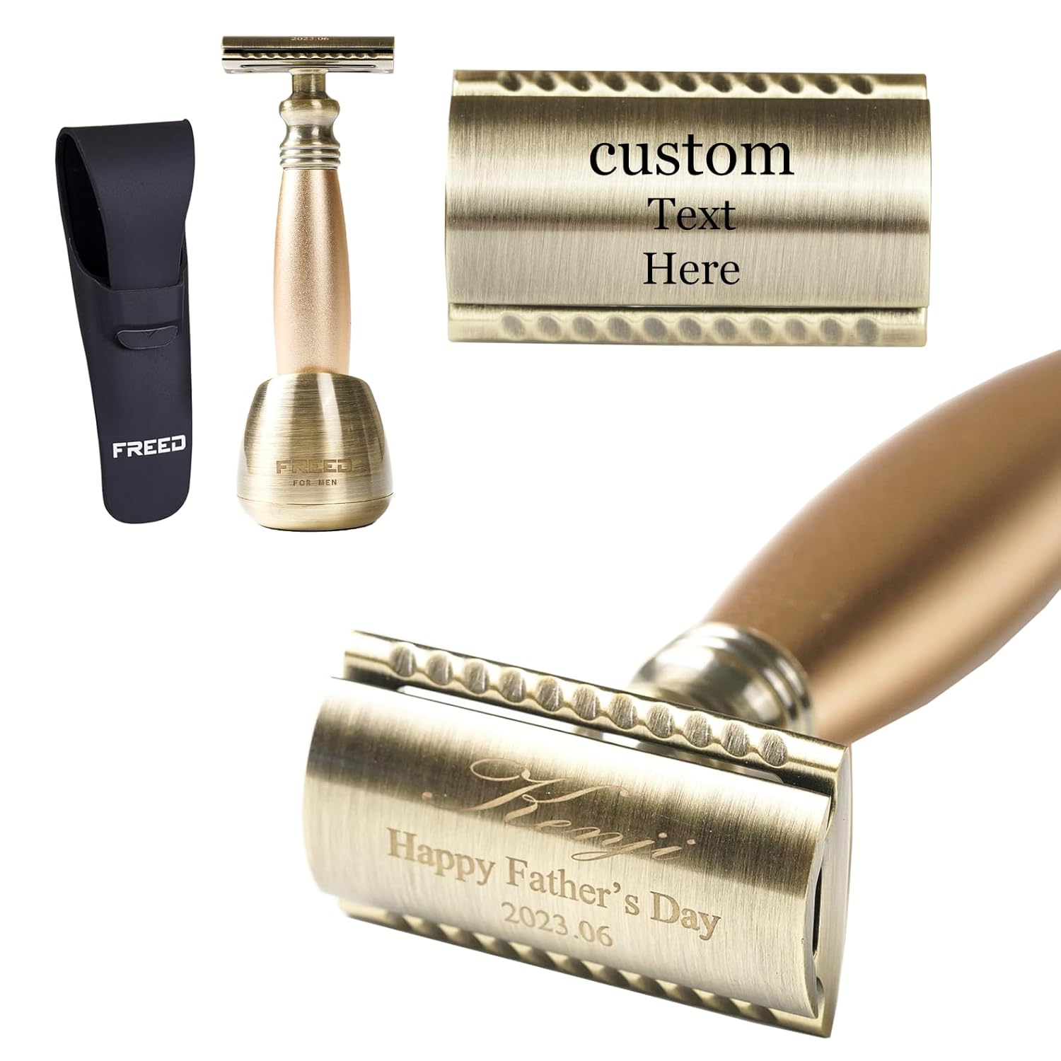 FREED Bronze Series Customized gifts Engraving Shaving Kit - Safety Razor with metal handle include razor travel case,razor base,and 10 blades,It's the best gift for men (Gold)