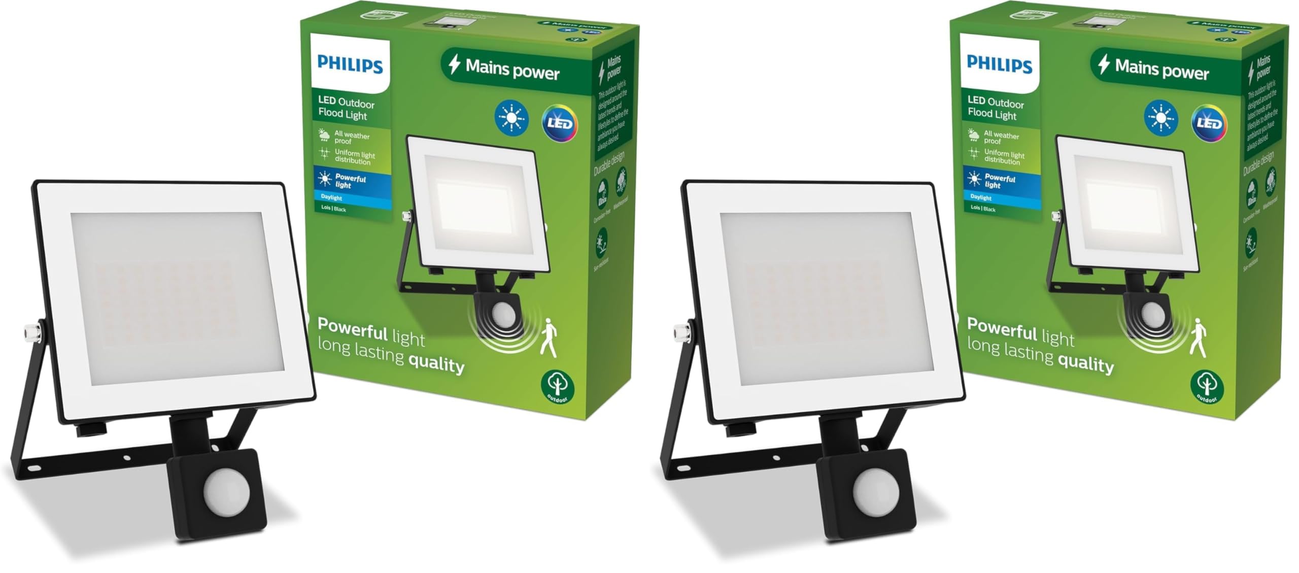 Philips Lois Projecteur Extérieur avec Capteur, 30 W, 5000 K, Noir (Lot de 2)