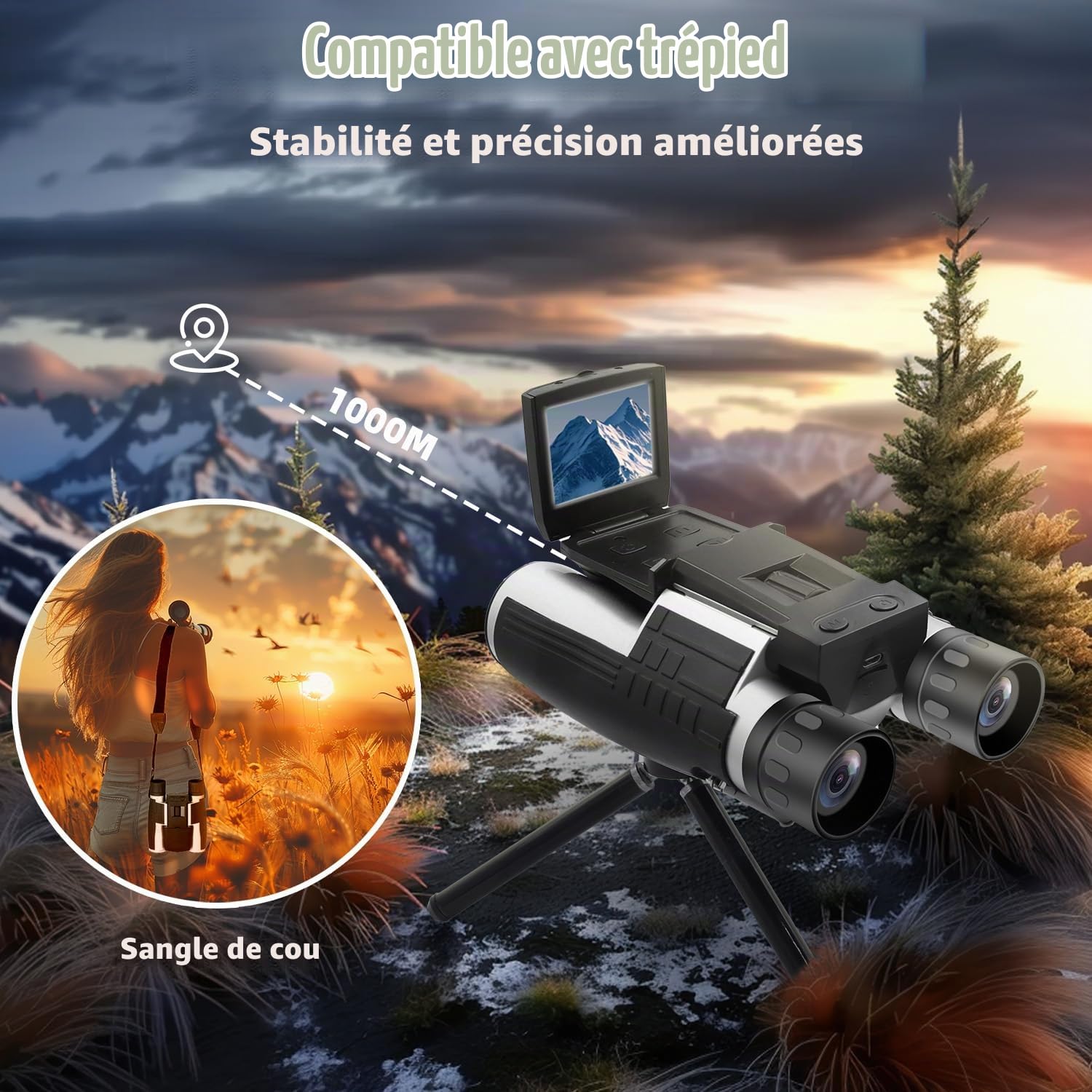 Jumelles numériques 12 x 32 pour adultes, avec caméra 48 MP, photo 2,5 K, écran LCD de 2,4" avec carte micro SD de 32 Go pour observation des oiseaux, chasse, football, concerts, théâtre