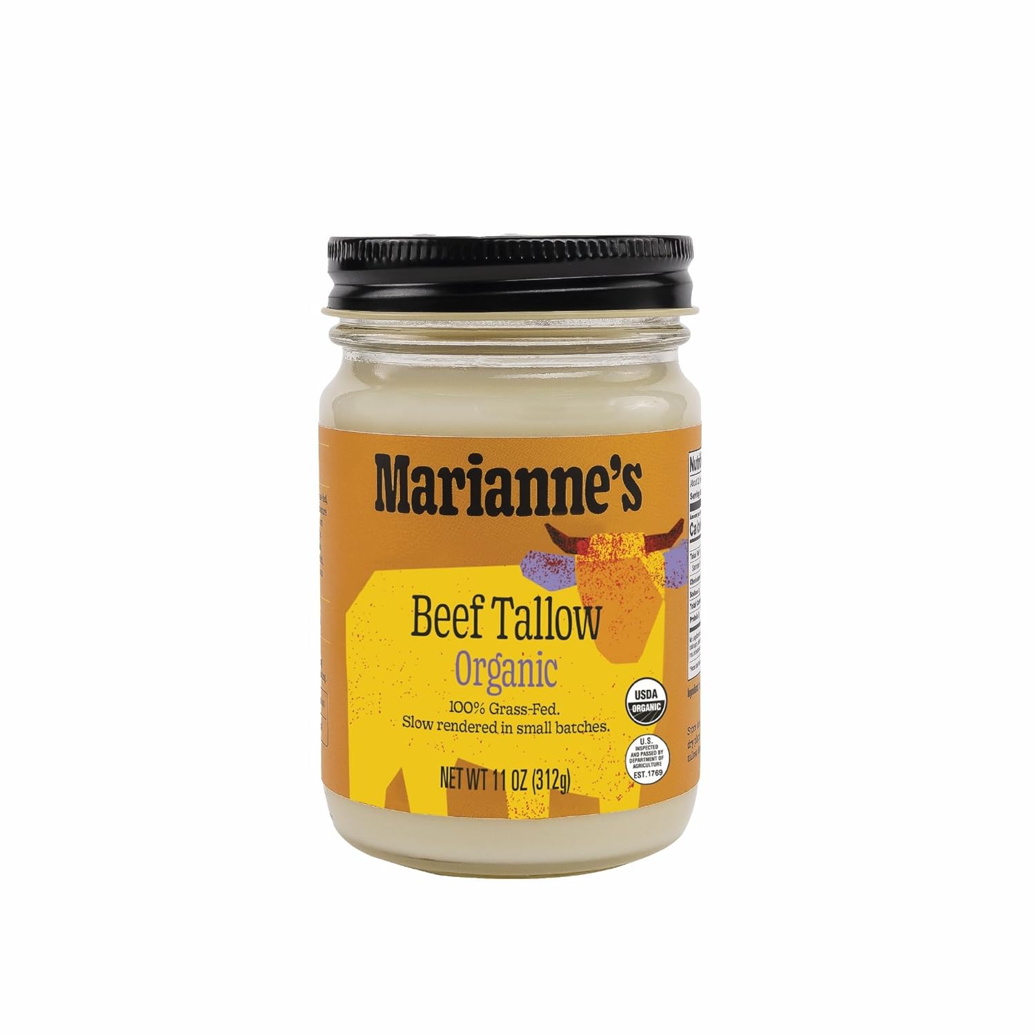 Marianne’s Organic Grass-Fed Beef Tallow: USDA Certified, Pasture-Raised USA, High Smoke Point for Frying, Roasting & Sautéing