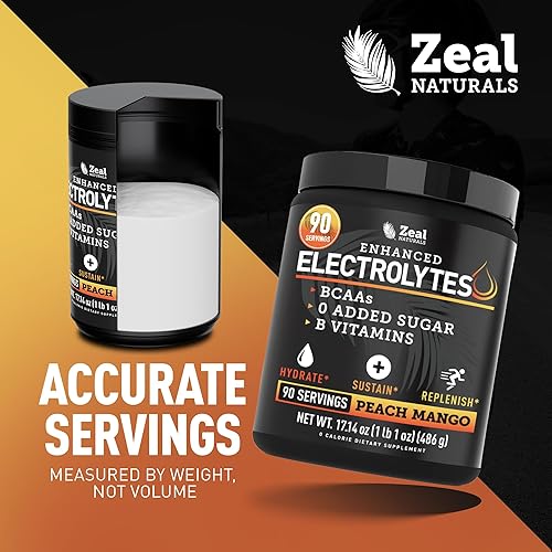 Miniatura 5 de Zeal Electrolyte Powder - 90 porciones Polvo de electrolitos Keto Cero azúcar, BCAA, vitaminas B Potasio, zinc, magnesio Bebida