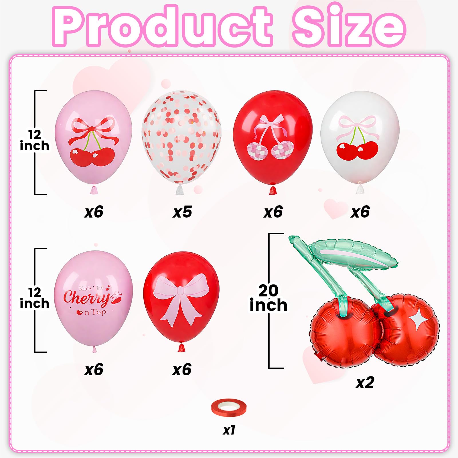 Kirschballons, Rot Rosa Weiß Konfetti Latexballons mit Kirschfolienballon für Mädchen Geburtstag Babyparty Hochzeit Obst Party Dekorationen