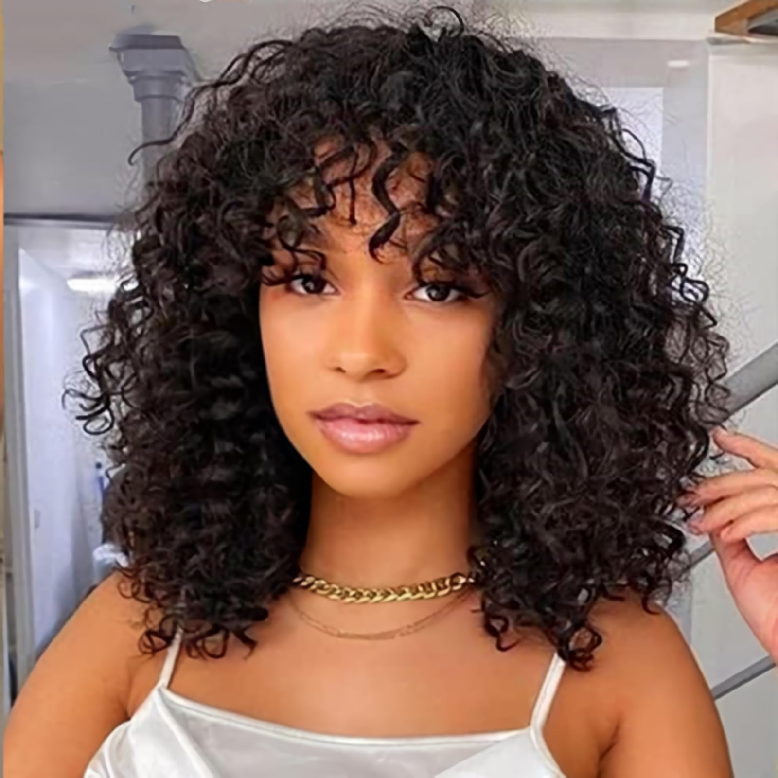 Short Bob Curly Human Hair Wigs with Bangs 14 Inch 100% Brazilian Virgin Bob Wig Human Hair for Black Women Glueless Full Machine Made None Lace Front Wig 180% Density Natural Black