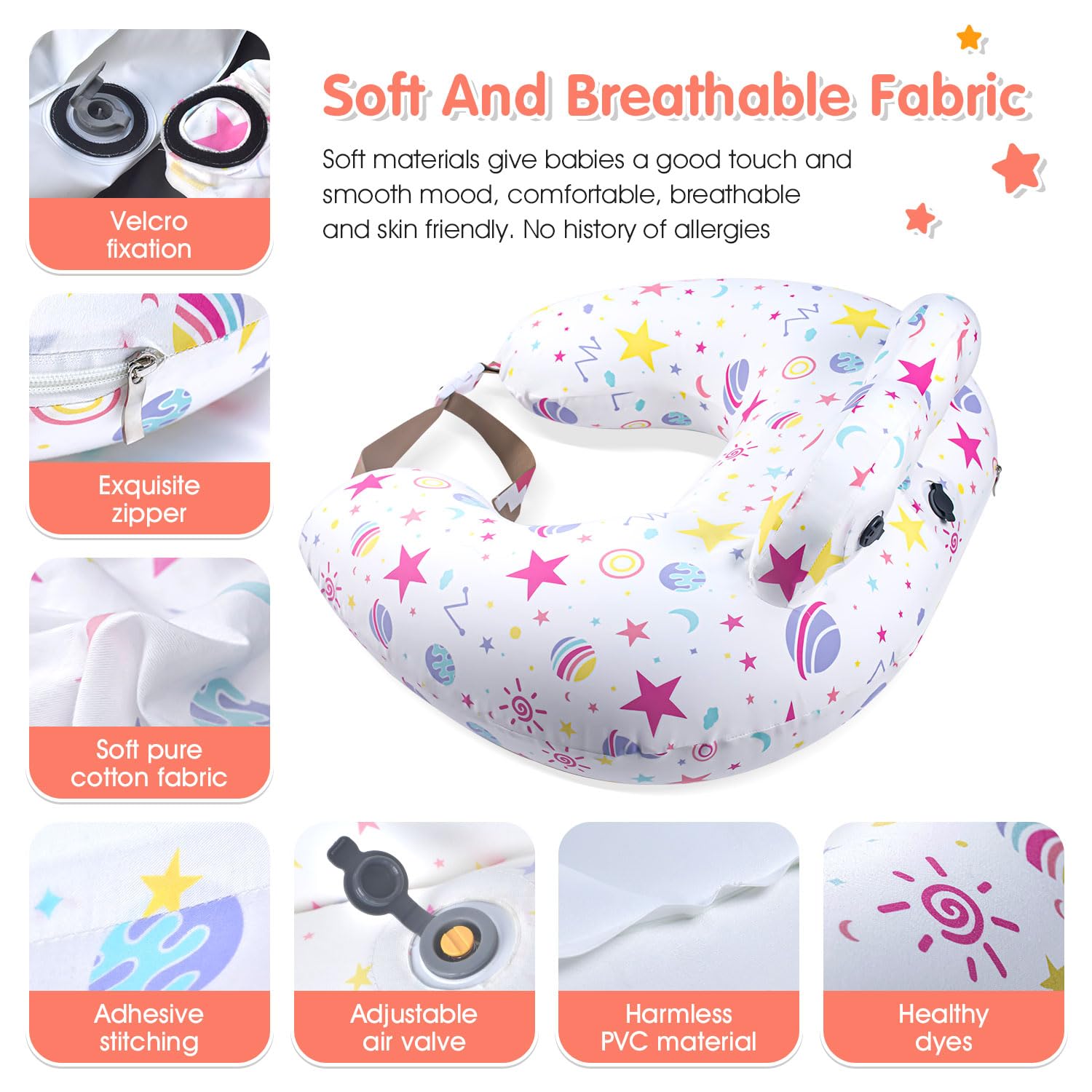 Almohada inflable de lactancia para lactancia materna – Cojín de viaje para la alimentación del bebé para apoyo de mamá, correa de cintura ajustable, funda extraíble 100% algodón – esencial portátil