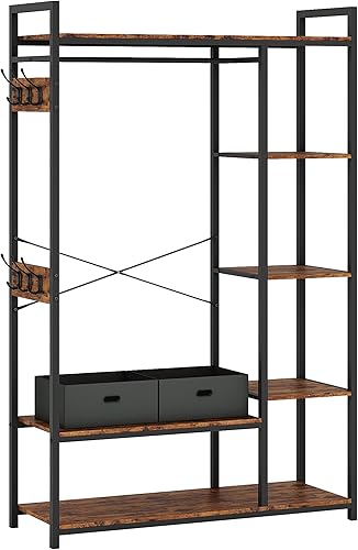 Miniatura 7 de Organizador de armario de pie con caja de almacenamiento y gancho lateral perchero portátil con 6 estantes resistentes y barra para colgar estantes