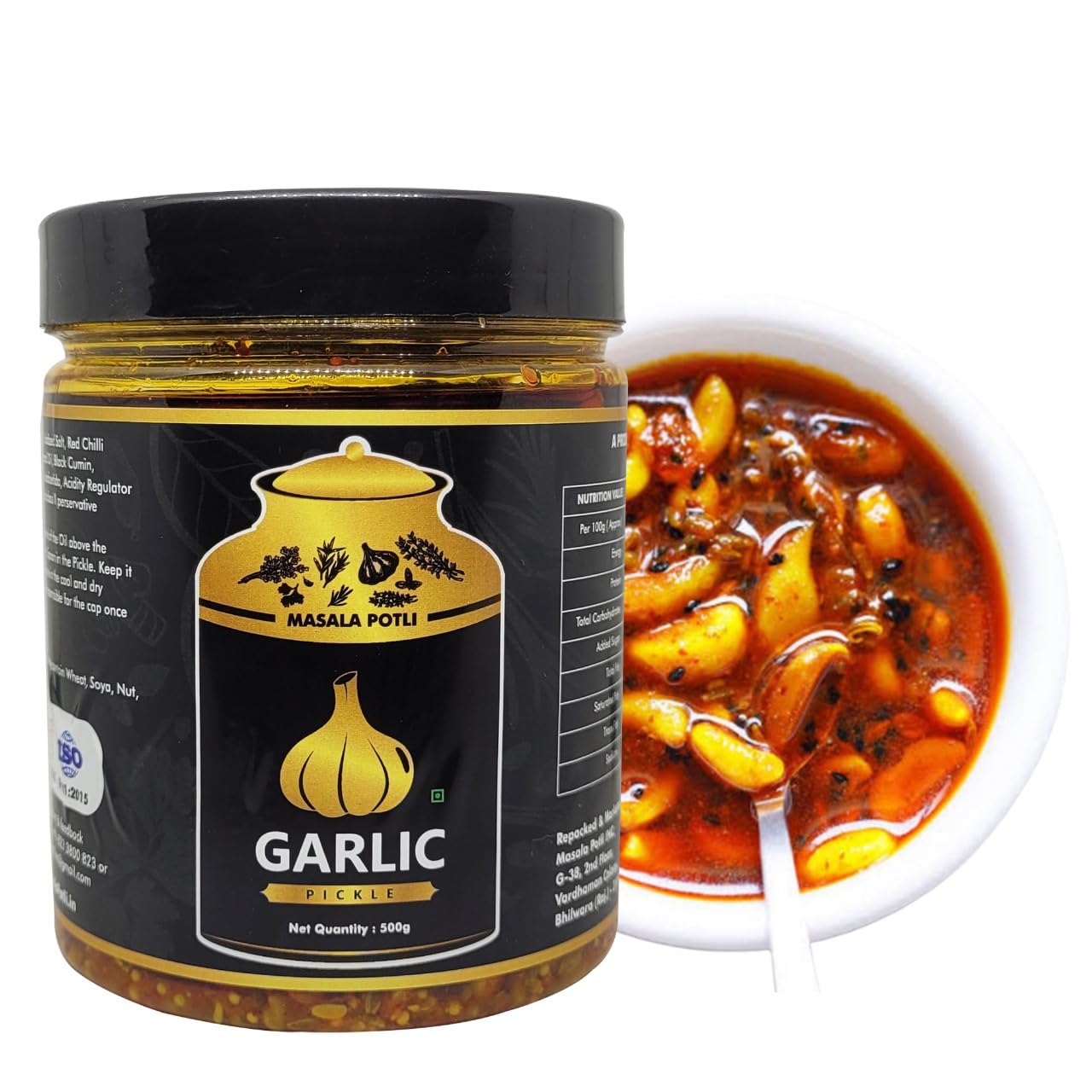 Masala Potli Garlic Pickle 500gm, 100% Natural Fresh and Authentic Indian Pickle with Tangy and Spicy Flavor, Traditional Homemade Lahsun Ka Achar