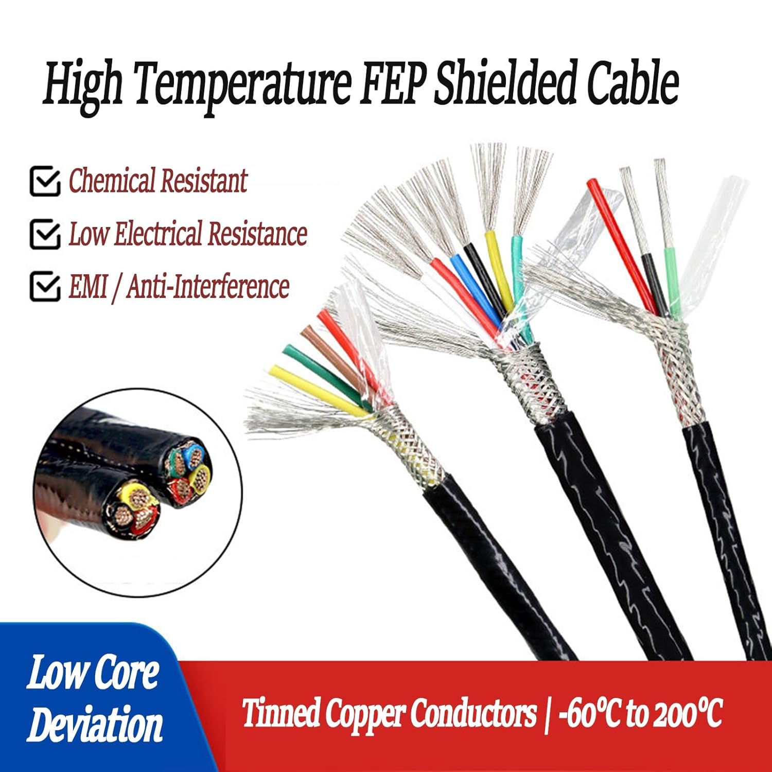 2/3/4 Core FEP High-Temperature Shielded Cable 50FT Tinned Copper Conductor Braided Shield Wire -60°C to 200°C Multi-Conductor Flexible Signal Industrial Cable for PLC, Audio(2-Core,16AWG)