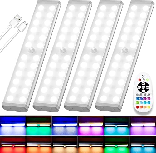 58 luces LED para debajo del gabinete, luz recargable con sensor de movimiento RGB para interiores con control remoto, paquete de 2 luces