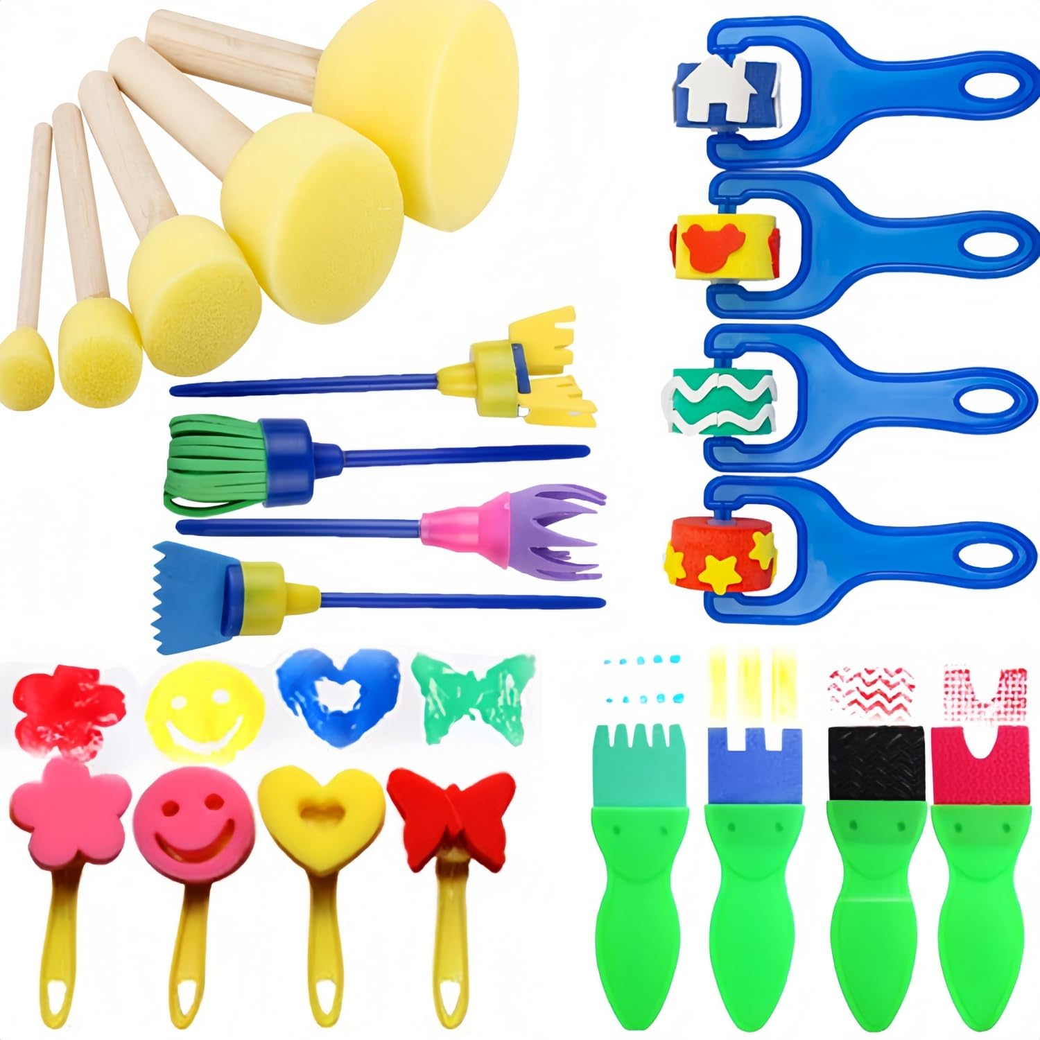Lot De 25 Brosse à Éponges Rondes Avec Manche Bois - Pinceaux Peinture Pour Enfants Et Créatifs