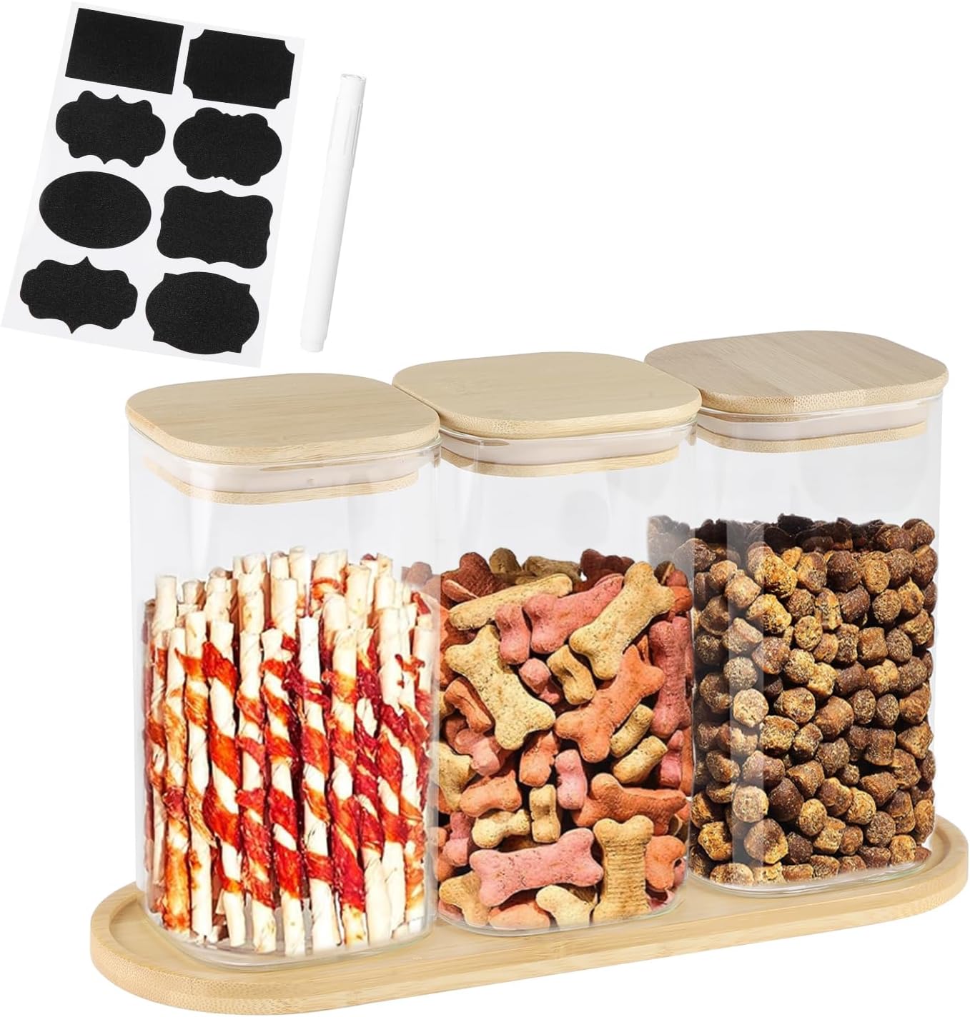 Dog Treat Container, Large Dog Treats Container, Farmhouse Wood Pet Treats Storage Organizer for Dog Food Storage Container, with 3 Glass Jars, Cat Dog Biscuit Dispenser, Great Gift for Pet Dog Owners