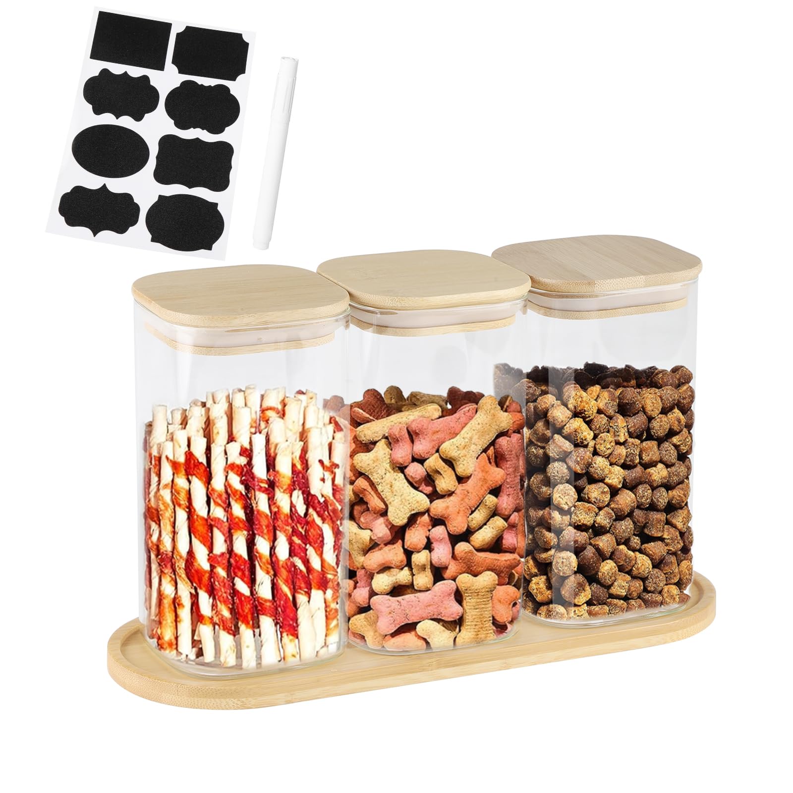 Dog Treat Container, Large Dog Treats Container, Farmhouse Wood Pet Treats Storage Organizer for Dog Food Storage Container, with 3 Glass Jars, Cat