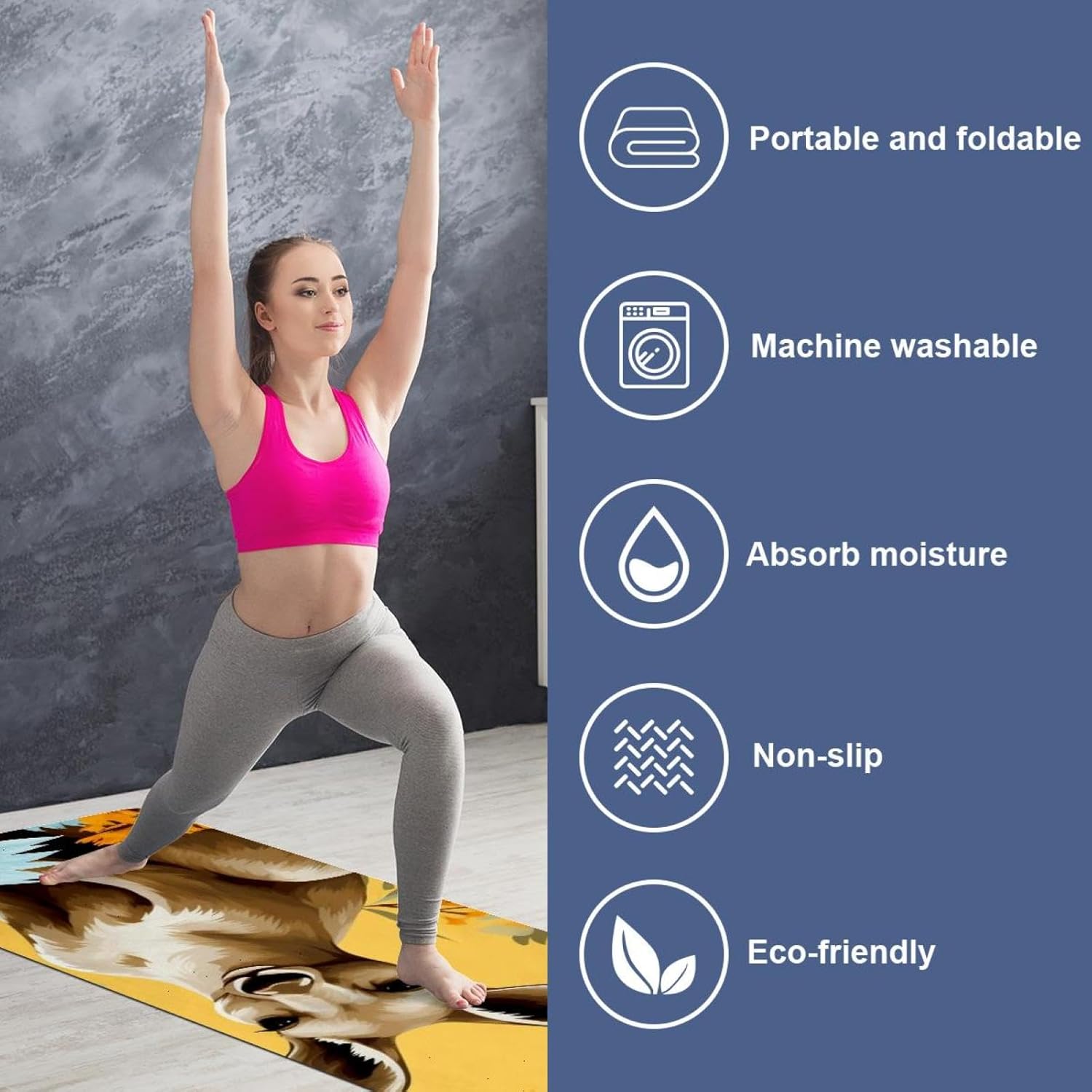 Yoga Towel, Kangaroo Pattern Non Slip Sweat Absorbent Hot Yoga Mat Towel for Hot Yoga, Pilates and Fitness - 72.8" x 26.8"