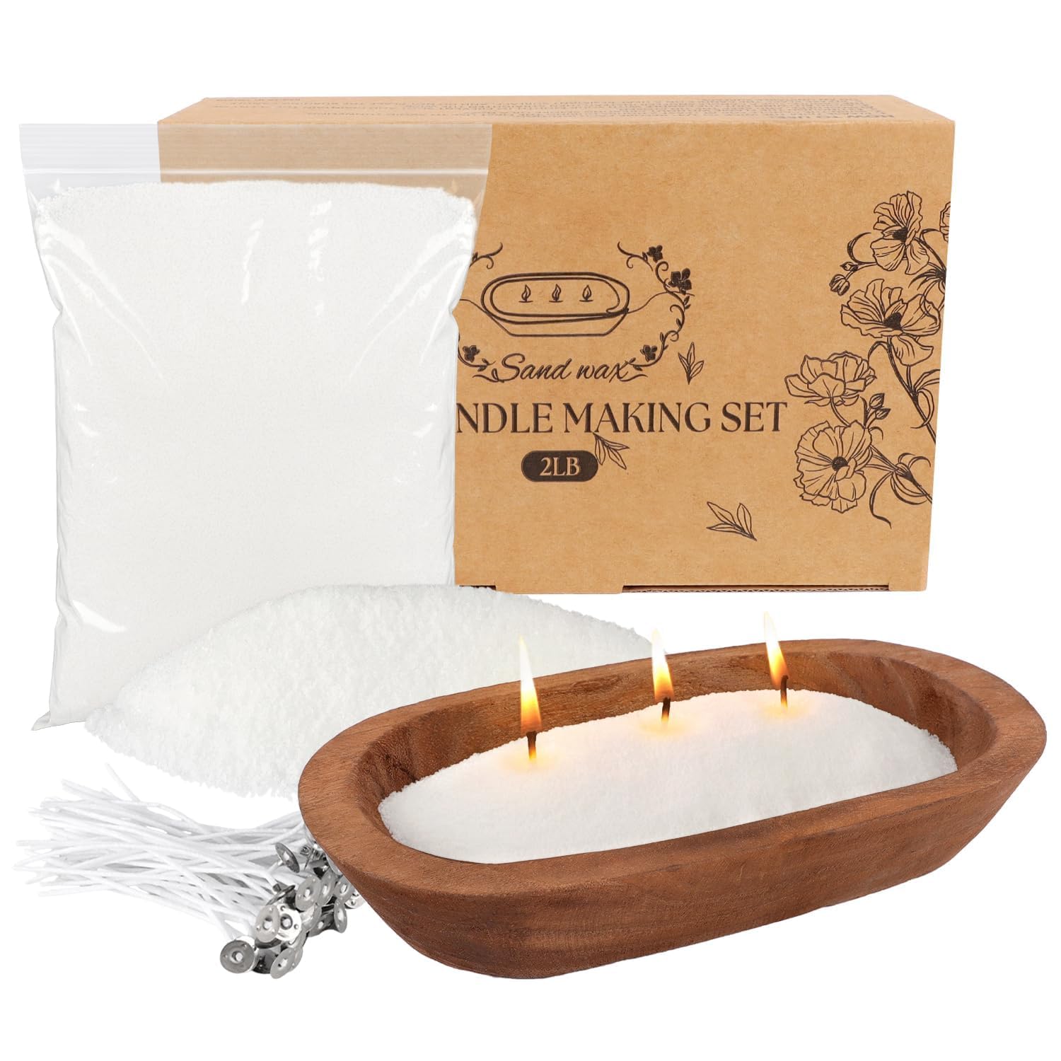 Wfmolcand Set fai da te con ciotola in legno e 20 stoppini, perline aromatiche non profumate, cera perlata riutilizzabile per candele fai da te, kit fai da te, ricarica di perline in polvere