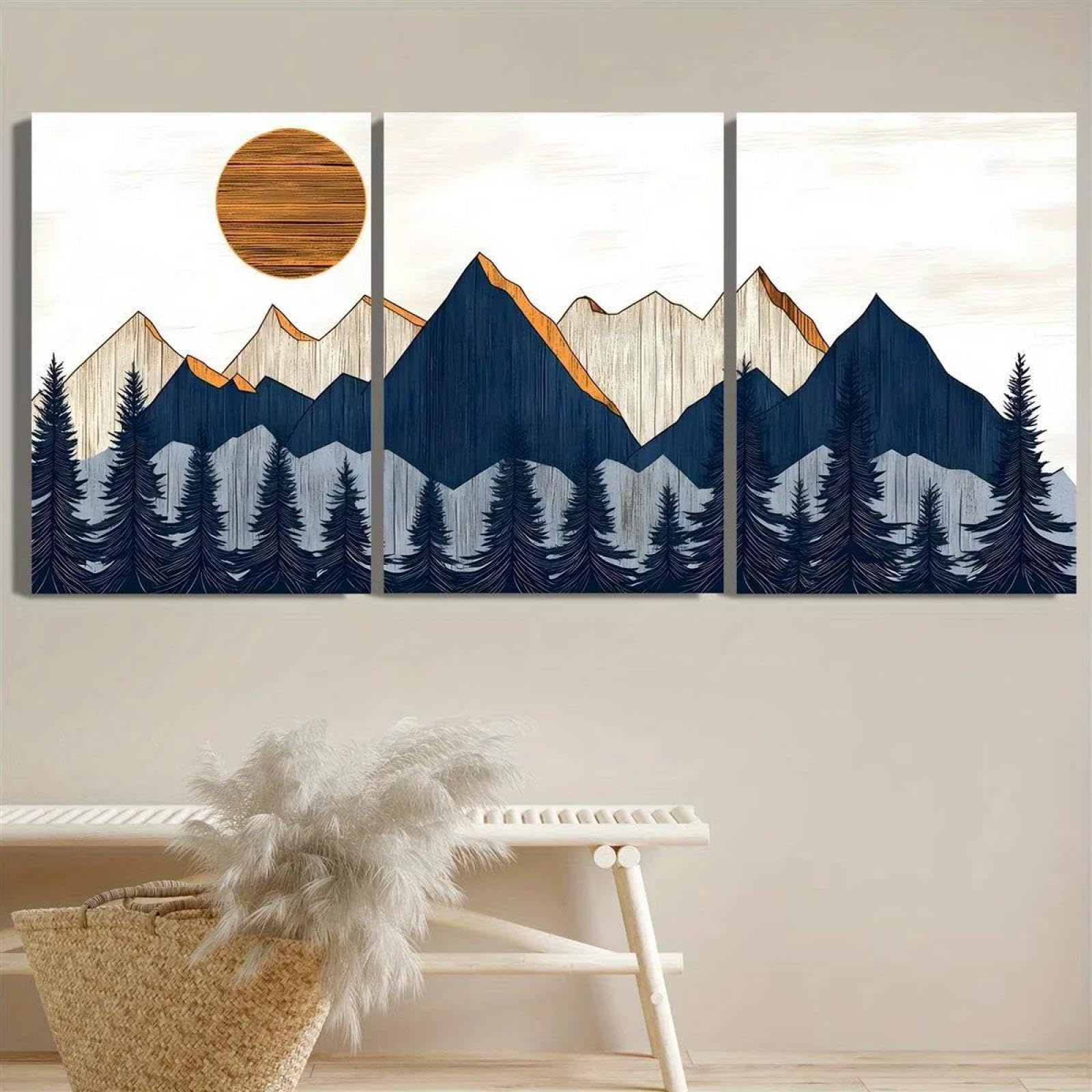 Yocheng Decorative, A Set Of Three En-Canvas Pieces Featuring A Grain With Mountain And Tree Motifs, An Abstract 21x30cmx3 No Frame