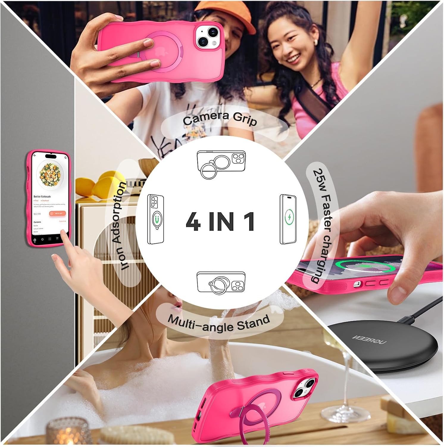 BENTOBEN for iPhone 15 Plus Case with Invisible Magnetic O-Ring Stand, [Compatible with Mag-Safe] Wavy Curly Magnetic Translucent Matte Shockproof Kickstand Cover for iPhone 15 Plus 6.7'' Hot Pink - Image 8
