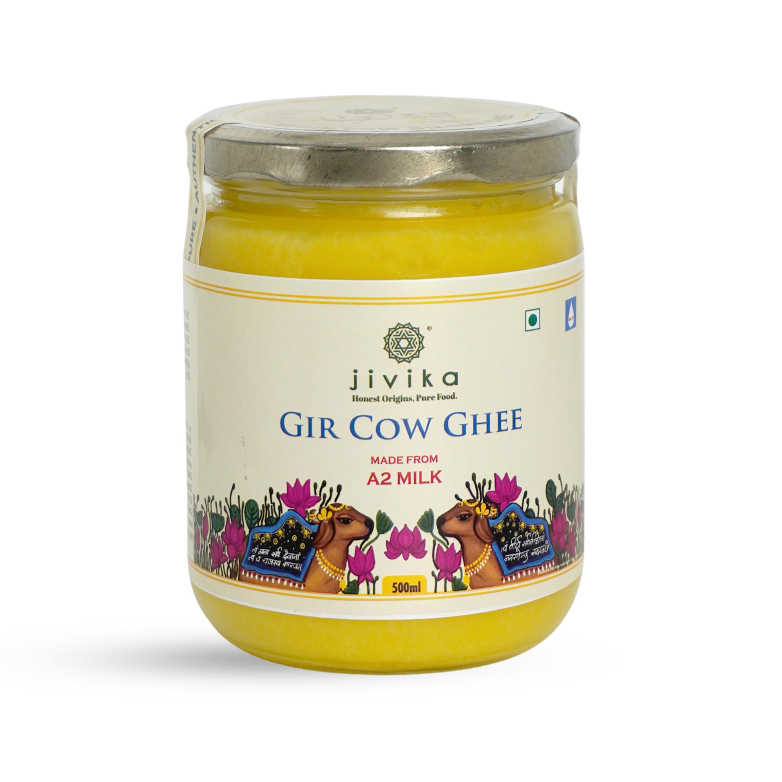 JIVIKA NATURALS Organics A2 Kuh Ghee Bilona Method Gir Kuh handgebrannt aus Quark Labor getestet Glas Glas Pure Ghee Natural Ghee Gesundes Ghee Hergestellt in Bilona Gir Cow 500ml