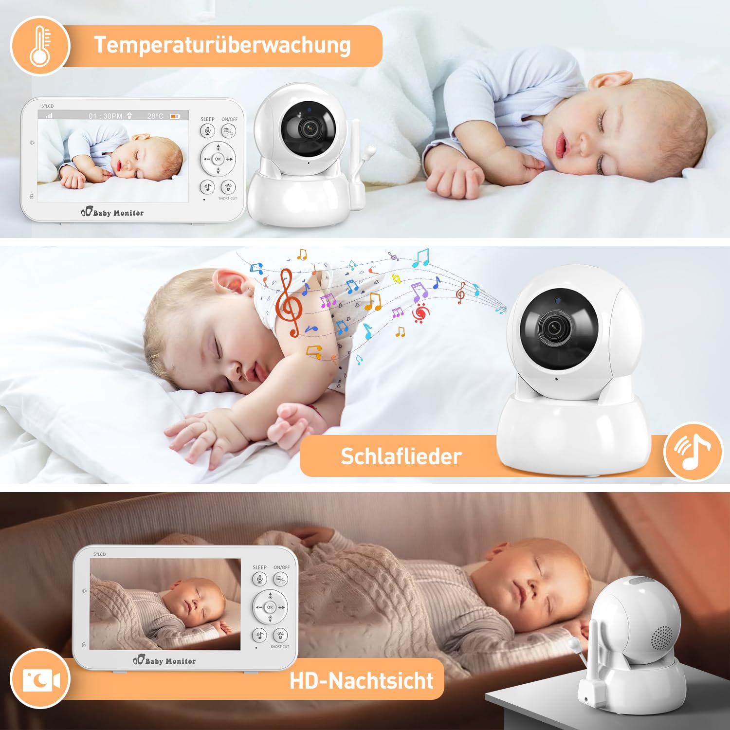 Babyphone mit Kamera und Audio, 5" Bildschirm Babyfon mit Kamera Ohne WLAN, Babyphones 5200 mAh Akku, Baby Monitor with Camera IR-Nachtsicht 2-Wege-Audio Vox-Modu Temperatursensor.