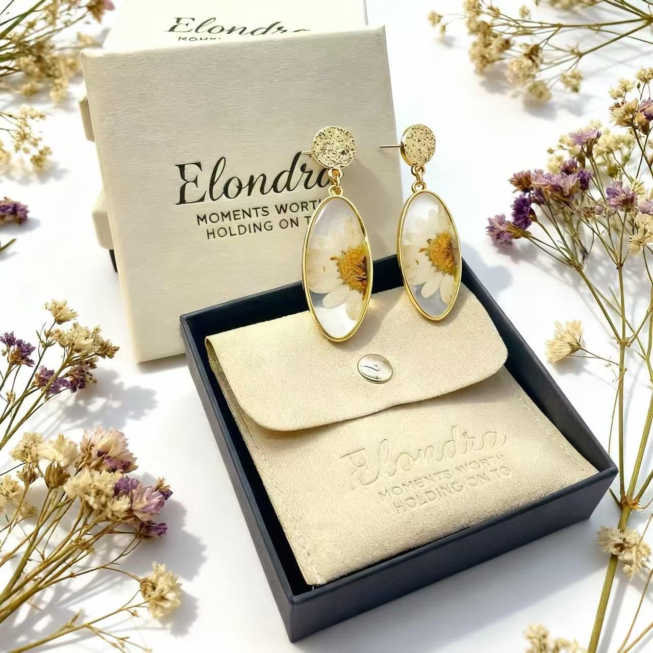 Real Pressed Flower Dangle Earrings for Women, Handmade Boho Chic Floral Jewelry, Gold Tone Earrings Unique Pretty Valentine’s & Mother’s Day Gift for Women Girls Best Friend - Image 5