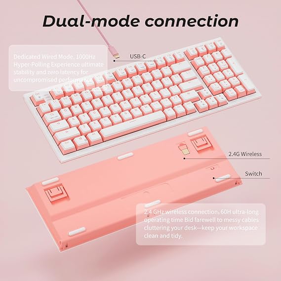 Hexgears X4 Wireless Mechanica Keyboard, 99-Key Linear Switch White Backlit Gaming Keyboard - NKRO 2.4G/USB-C with Wrist Rest, Pudding Keycaps-White/Pink
