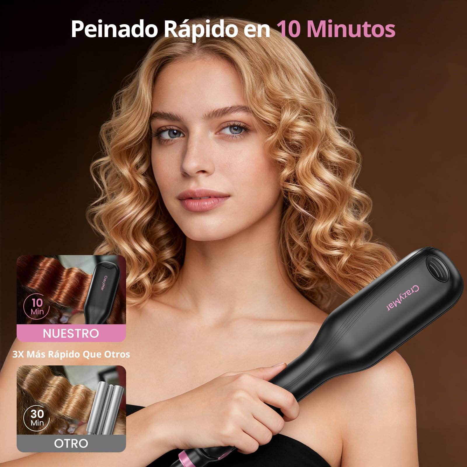CrazyMar Rizador de Pelo Ondas, 25mm Plancha Ondas Surferas-Calentamiento Rápido 15s, Ondulador de Pelo Iónico con 9 Temperaturas + 4 Temporizadores, Fijación 24h y Antiquemaduras, Pantalla LED
