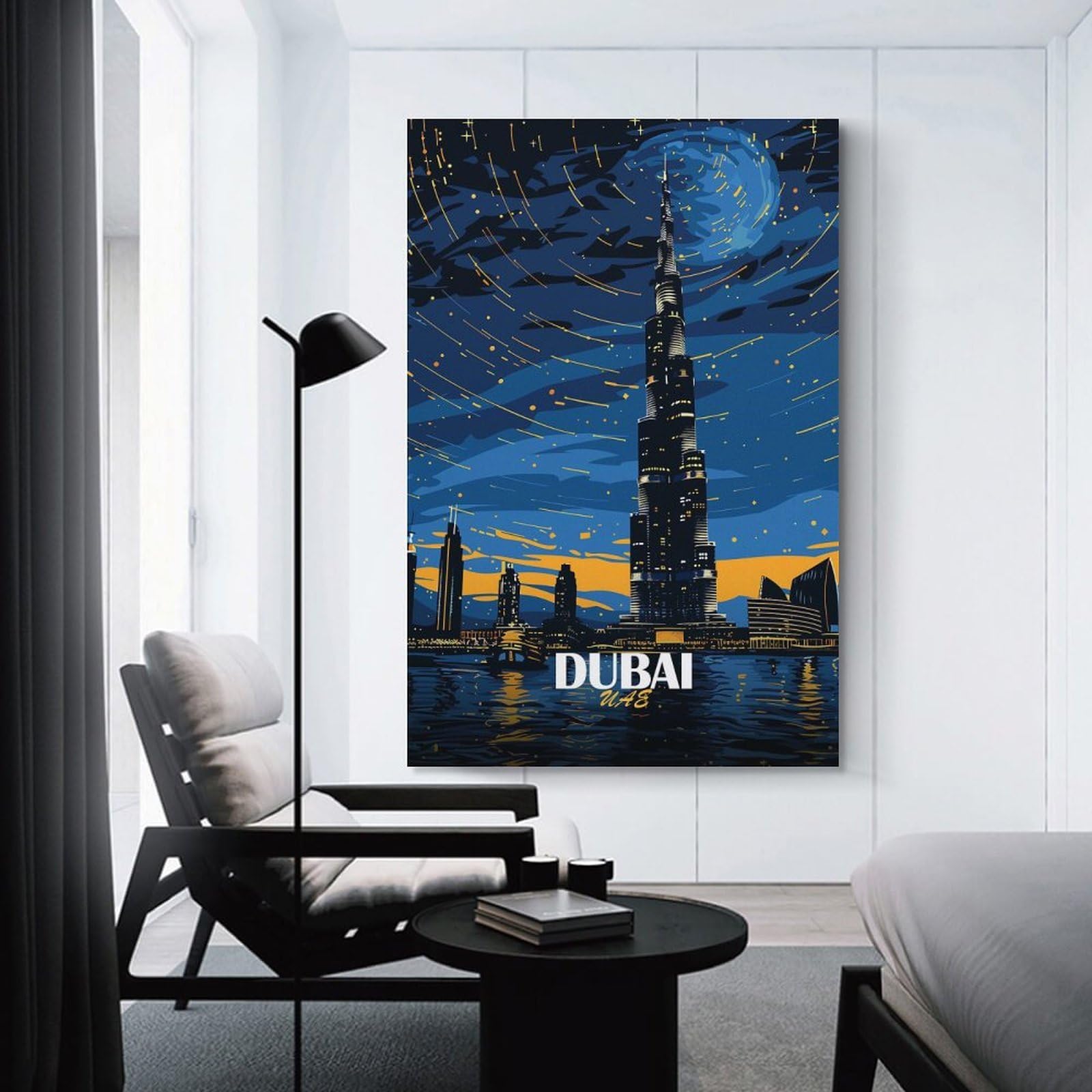 Junmoney Dubai Skyline at Night Art Canvas Wall Decor, 20x30inch(50x75cm), for Home Office, Desk Area Or Studio, Wall Art That Adds Style to Work Areas