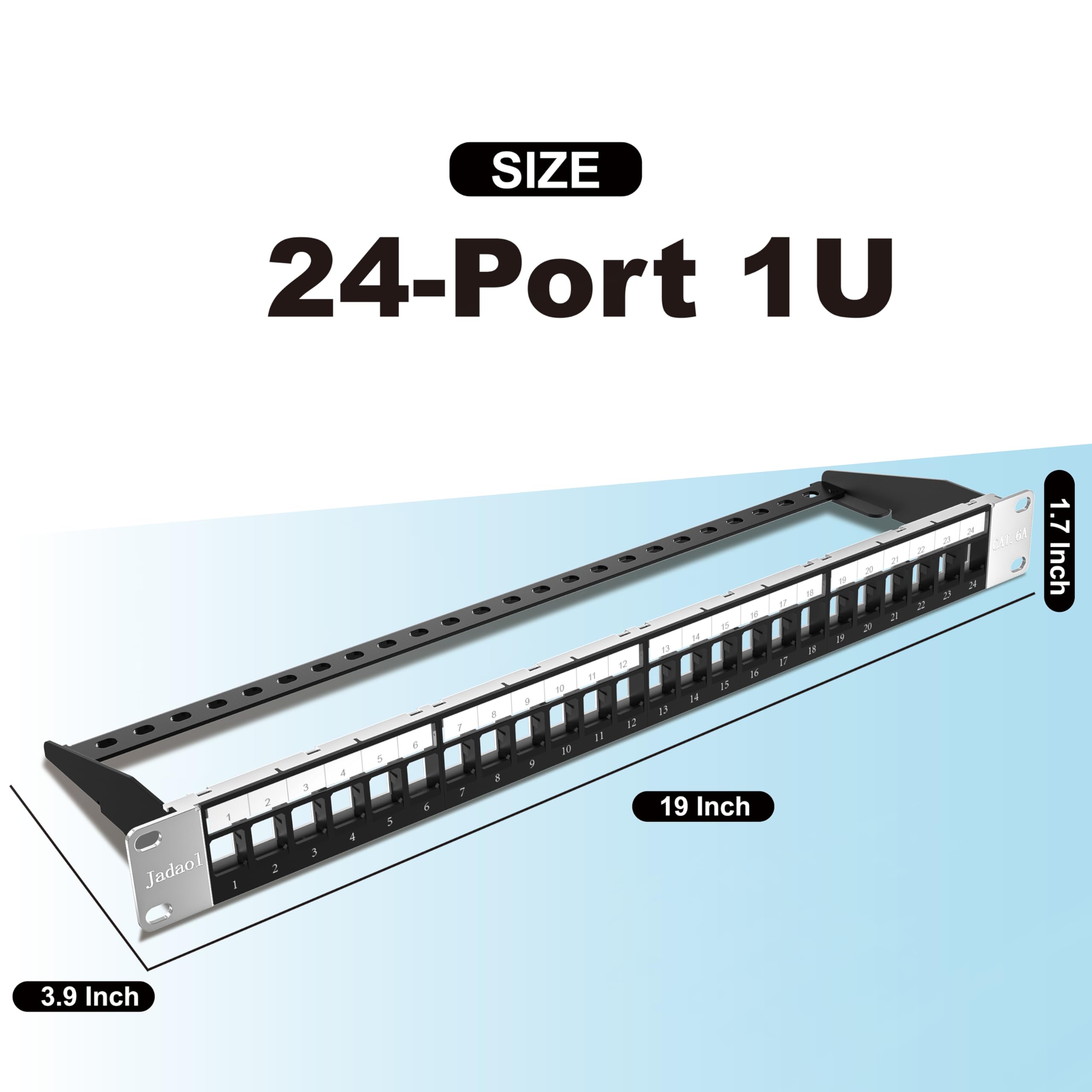 Jadaol Panneau de brassage blindé à 24 ports, panneau de brassage vierge 1U 48,3 cm avec barre de gestion des câbles et fil de terre, compatible avec Cat6a/Cat6 RJ45, HDMI, coaxial, USB, fibre, prises