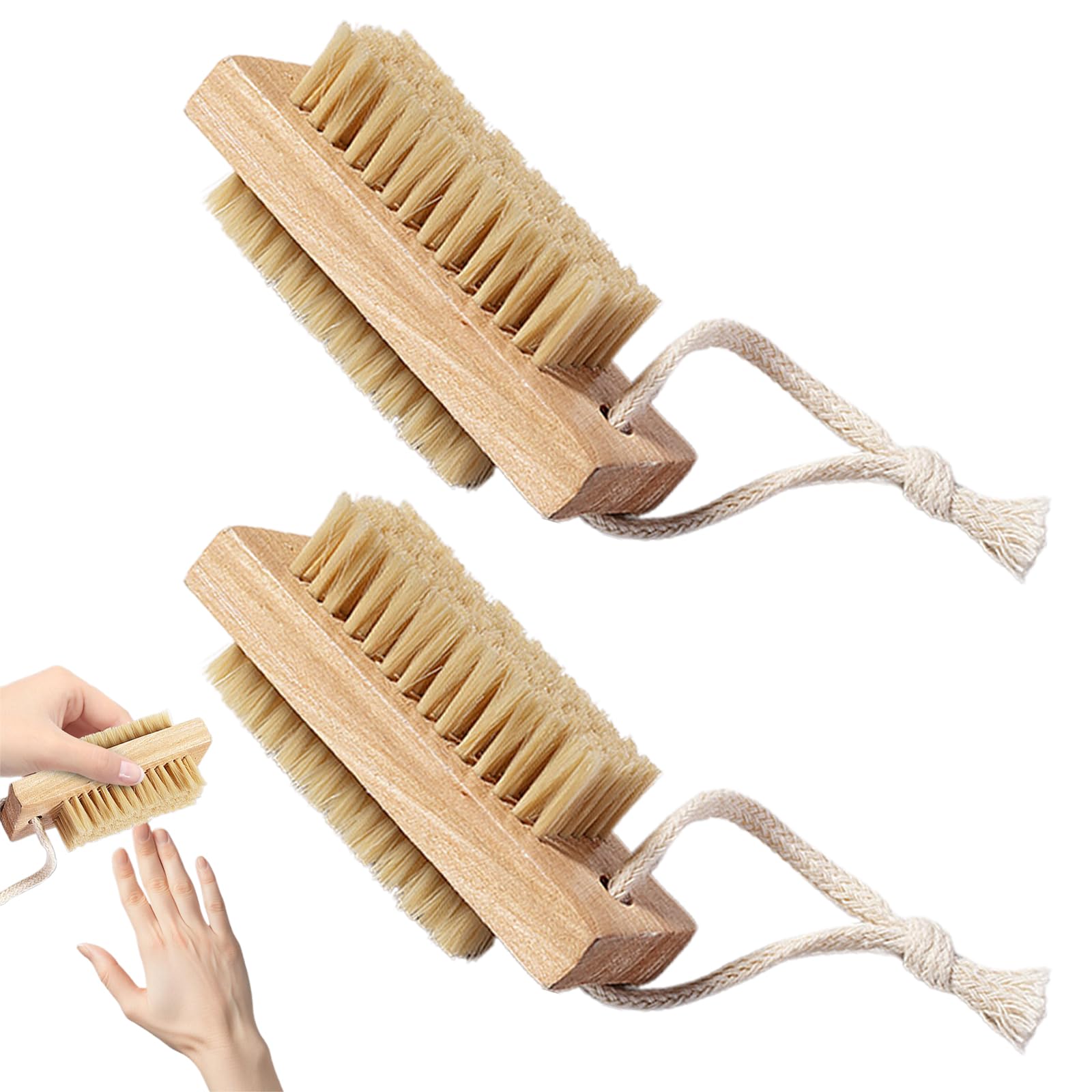 2pcs Wooden Nail Scrub Brush, Double Sided Nail Brushes with Stiff Bristles and Hanging Rope Hand and Foot Scrubber Manicure Pedicure Tool for Scrubbing Fingernails Toenail Cuticle