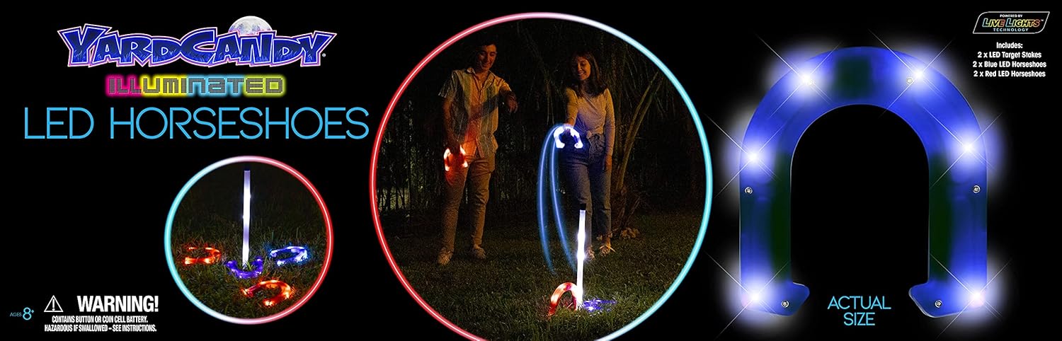 YARDCANDY After Dark Illuminated Horseshoes - Complete with 2 Weighted Blue LED Horseshoes, 2 Weighted Red LED Horseshoes and 2 LED Stakes. Perfect for Play Both Day or Night.