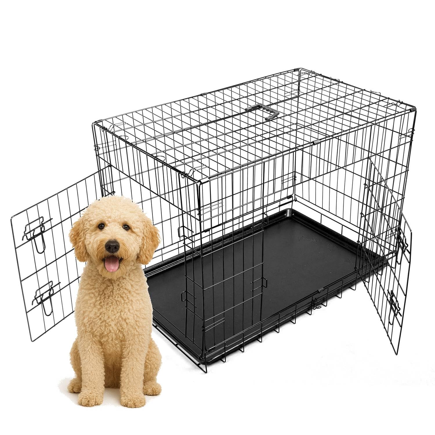 PawHaven Pet Dog Puppy Cat Cage Crate 42" 42 Inch Metal Folding With TWO Doors and Tray Xlarge Black