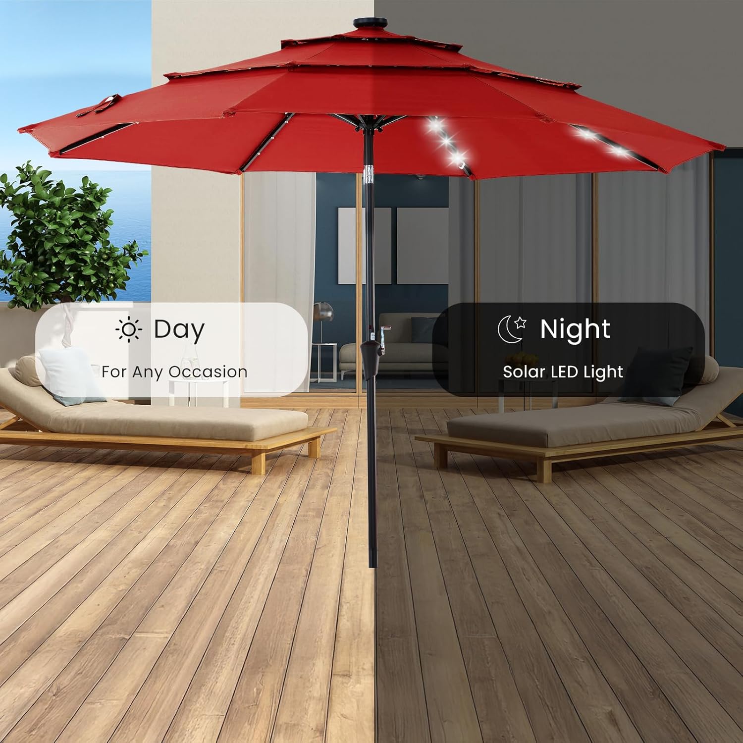 DUMOS 10FT 3 Tier Outdoor Patio Umbrella, Patio Umbrella with 32 LED Lights and Crank, Table Umbrellas 8 Sturdy Ribs for Pool, Market, Terrace, Beach, Outdoor Restaurant, Red