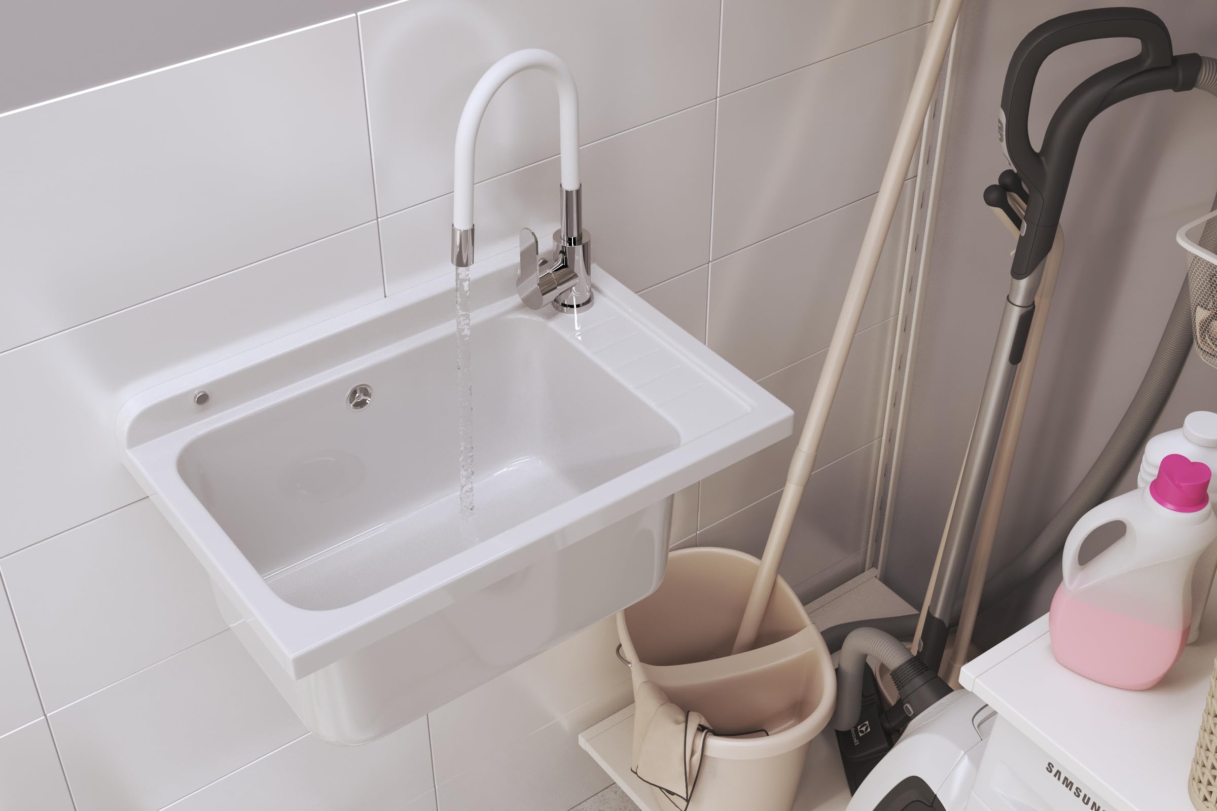 Granitan Lavabo universel pour garage, cave, atelier et buanderie, avec siphon, lavabo mural pour installation intérieure et extérieure, 58 x 38 x 26,7 cm, blanc