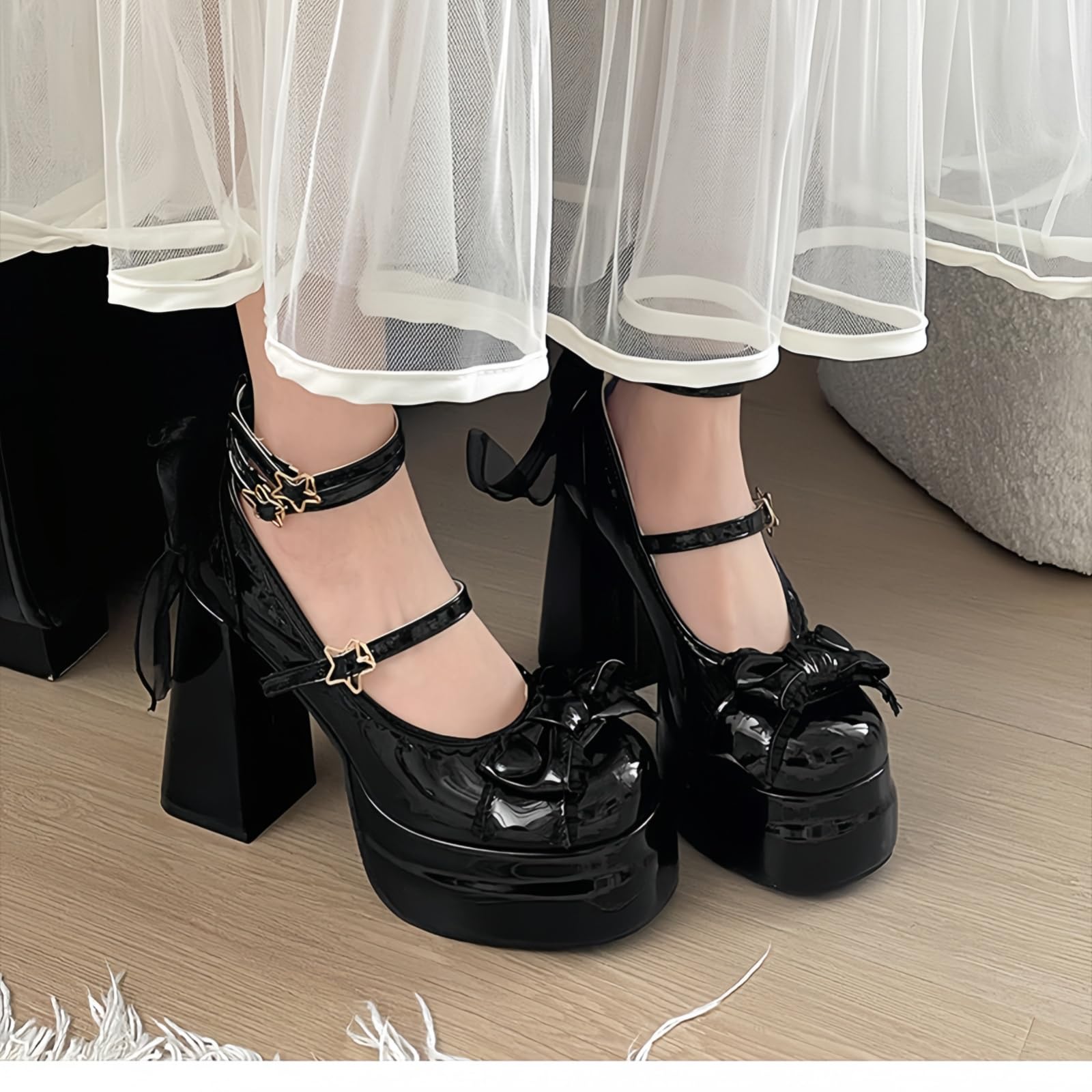 Kawaii High Block Heel de la Mujer Mary Jane Rockabilly Bombas con Lazo de encapearl Plataforma de taltalgrueso Zapatos Dulces Lindos