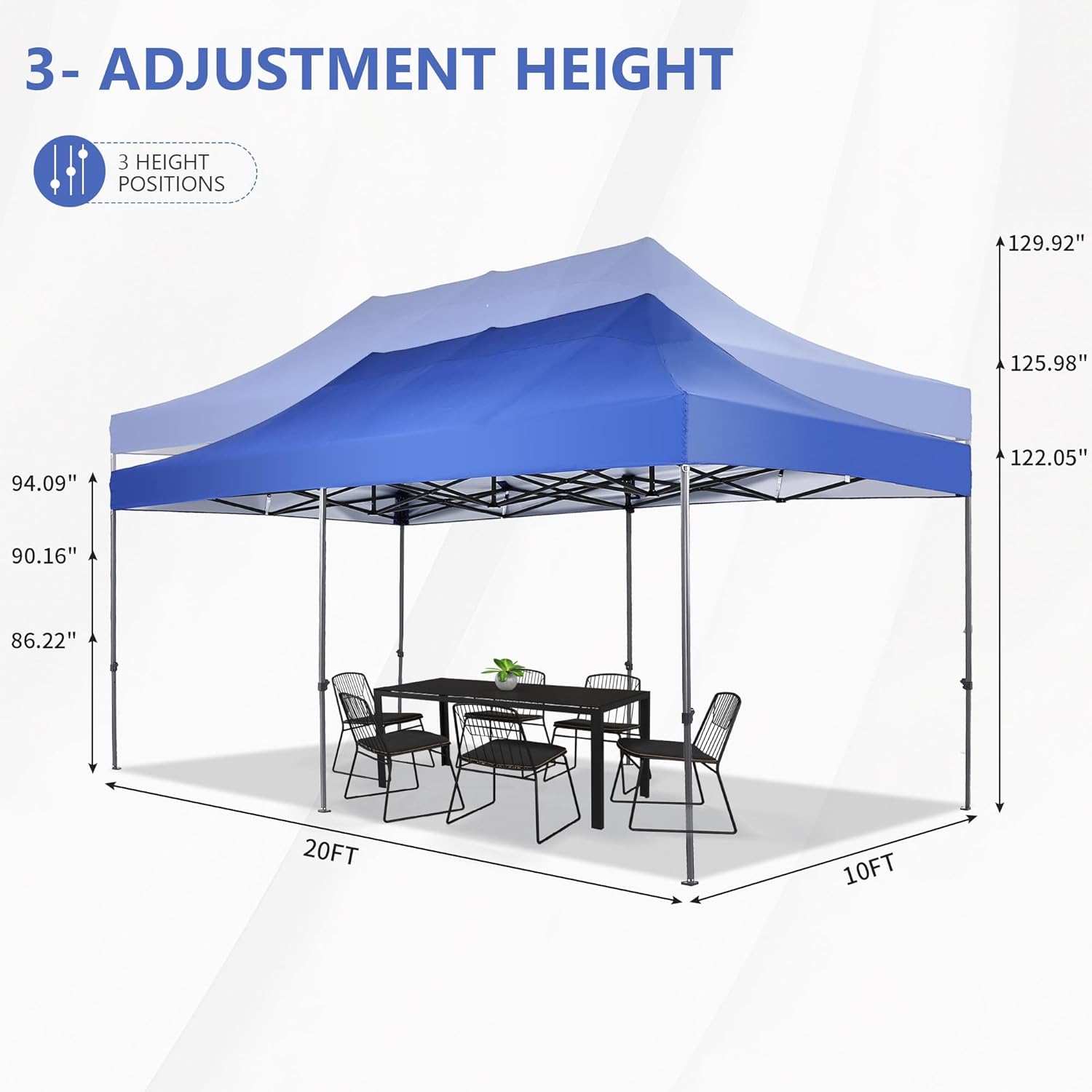 Diagram illustrating the three adjustable height positions of the canopy tent, showing measurements for each setting.