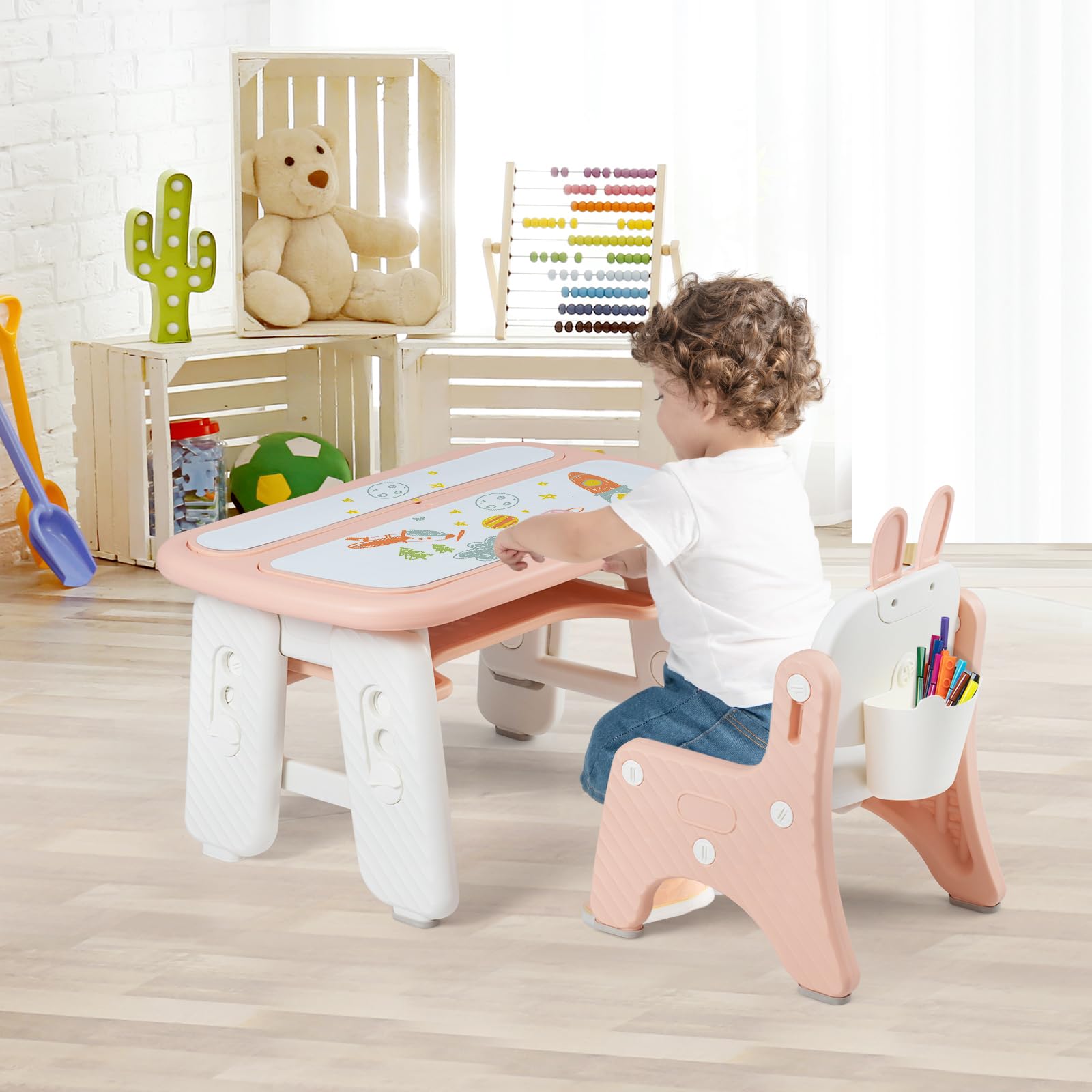 GOPLUS Table Enfant avec Chaise, Table de Dessin avec 2 Plateaux Réversibles, Tableaux Magnétiques, Panier de Rangement, Bureau d'Activités pour Lire, Dessiner, Manger (Rose)