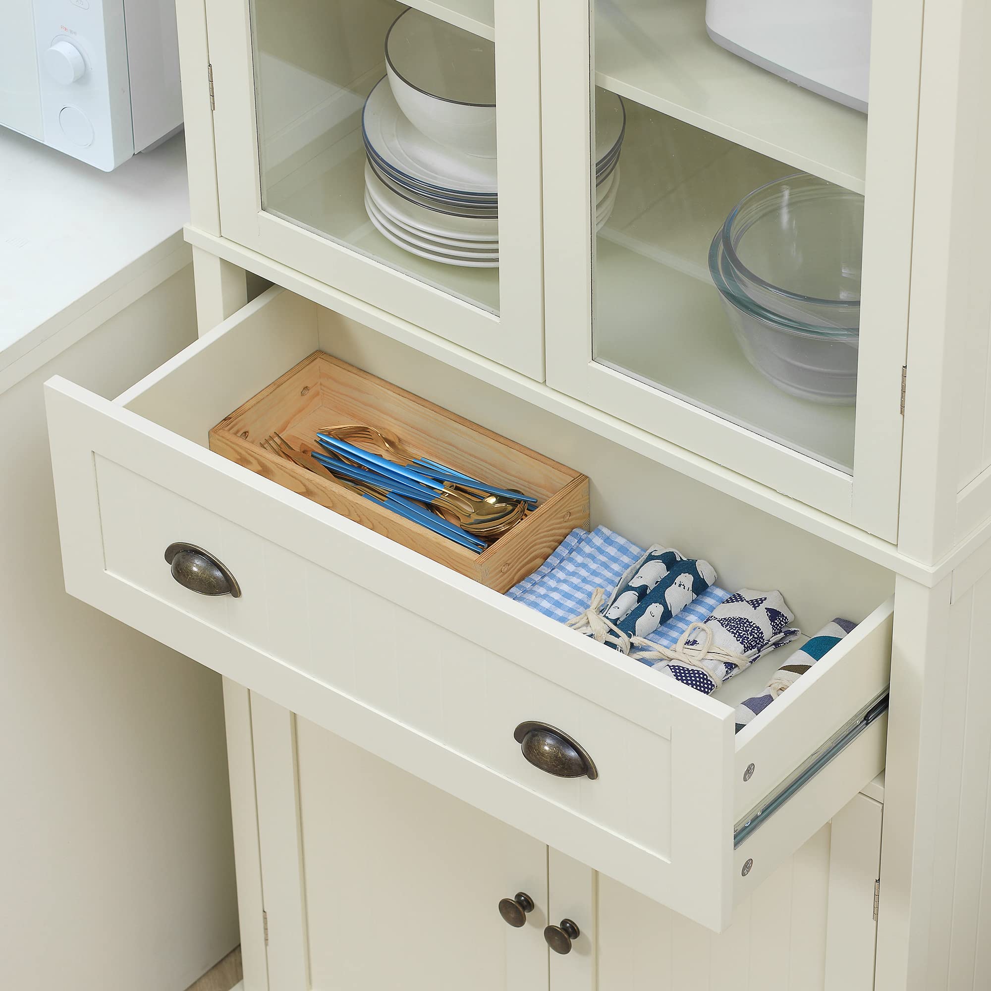 HOMCOM Mobile Dispensa a 5 Livelli con Cassetto Centrale, Dispensa per Cucina, Sala da Pranzo e Soggiorno con Ripiani Regolabili e Ante in Vetro Temperato, 76x40x182.5 cm, Bianco Crema