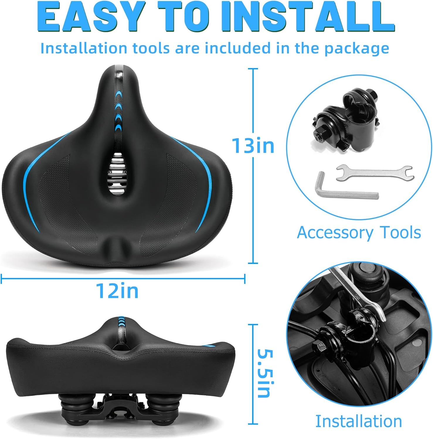 Oversized Bike Seat for Men & Women Comfort, Extra Wide Bicycle Seat Cushion, Comfortable Soft Padded, Large Replacement Saddle for Peloton, Stationary Exercise Bike, Cruiser, City Bike, Ebike