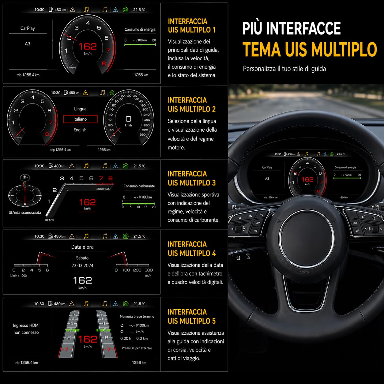 VIBEX Tachimetro Digitale 10,25 per Audi A3, S3, RS3 8V 2013-2019 |Virtual Cockpit LCD Full HD | Apple CarPlay Android Auto Wireless | Navigazione GPS | Plug & Play | Comandi al Volante |