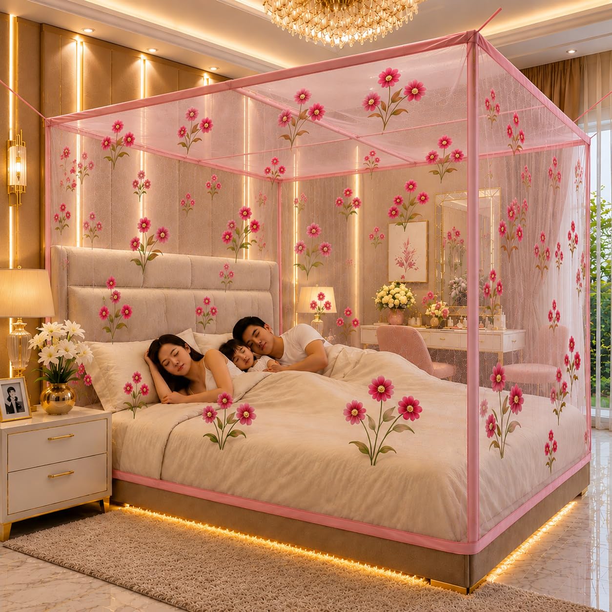 Mosquito Net Canopy for Double Bed, Pink Floral Print | Four Corner Posts, Full Coverage, Floral Design, Family Size, Bedroom Decor-picture-12