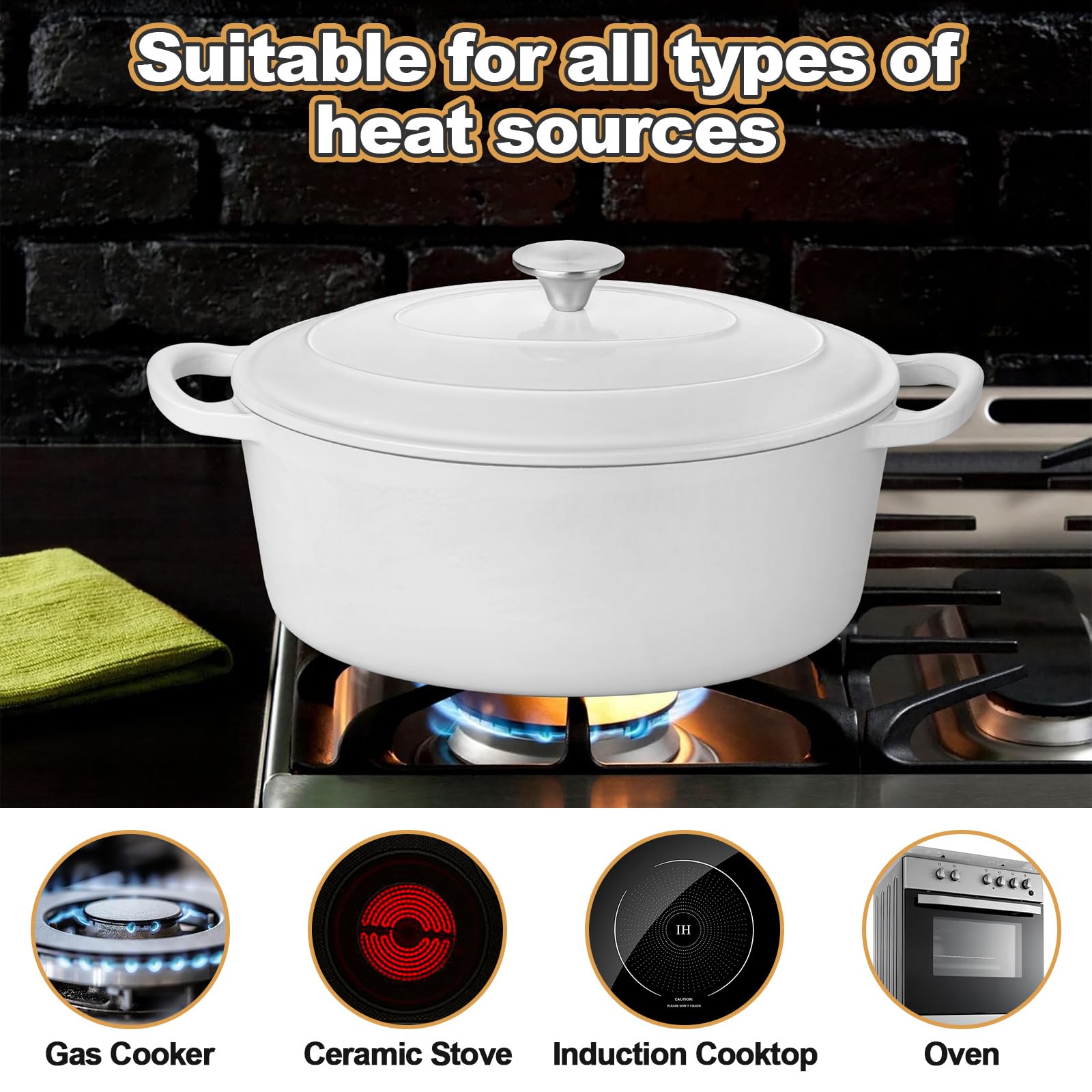 HaSteeL Horno holandés ovalado de hierro fundido, olla profunda esmaltada de 5 cuartos de galón con tapa, utensilios de cocina antiadherentes para hornear pan de masa madre, ideal para estofar,