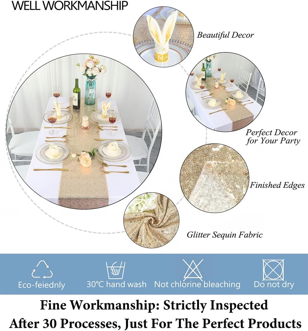 DUOBAO 5 Pack 12x120-Inch Champagne Gold Sequin Table Runners - Glitter Event Decor for Weddings, Parties, and Special Occasions