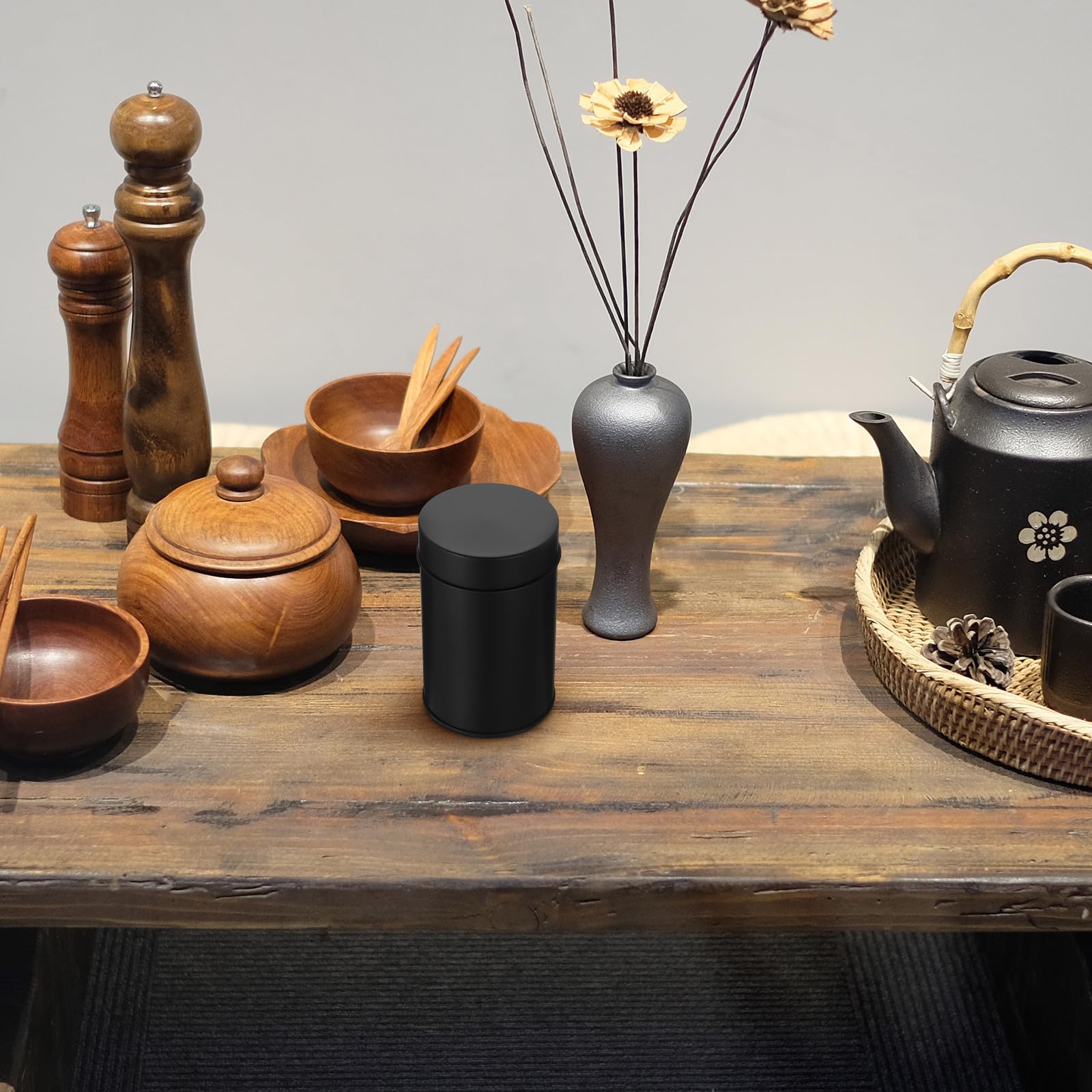 Tofficu Recipiente para Té Doméstico de Hojalata Negro Función de Sellado y Almacenamiento para Cocina y Escritorio de Estilo Simple