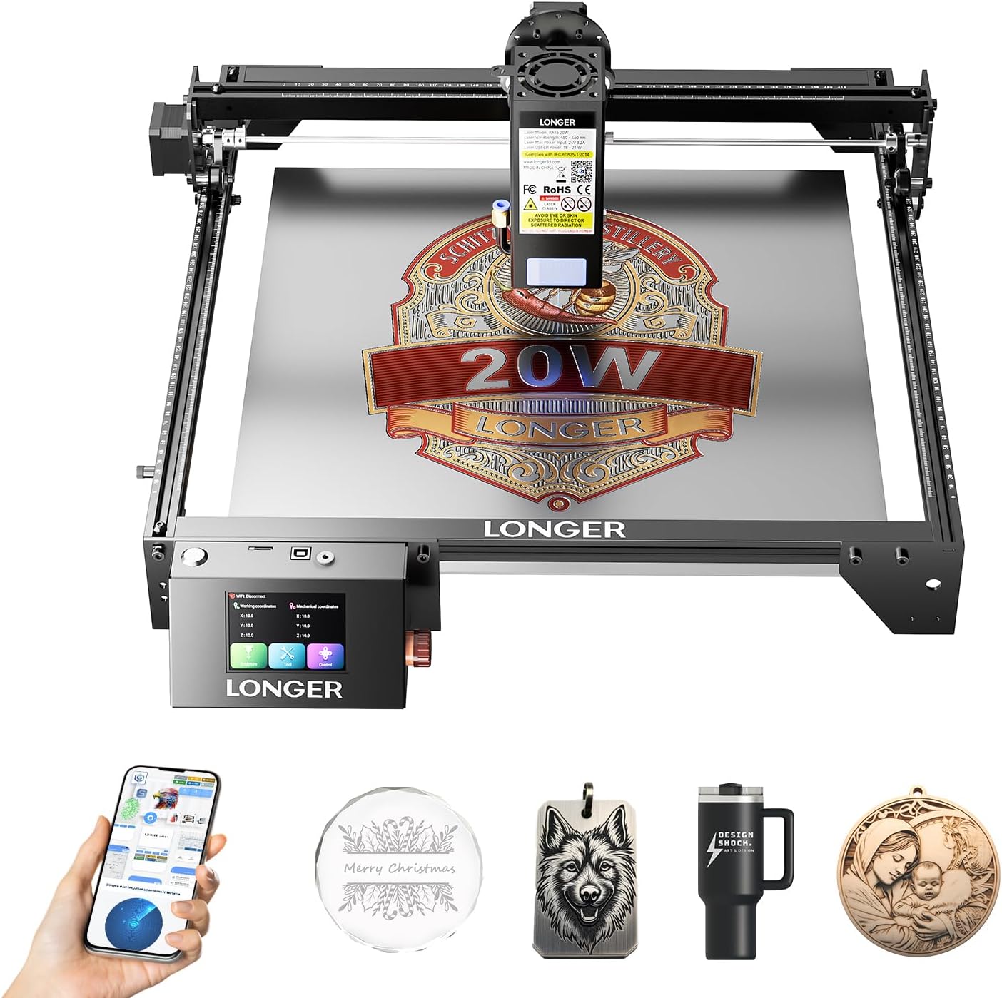 Longer RAY5 New Upgrade Laser Engraver, Laser Cutter 20W Output Power, Engraving Speed Up to 24,000 mm/min, 3.5” Color Touch Screen, App Offline Control, DIY Engraver Tool for Metal/Glass/Wood