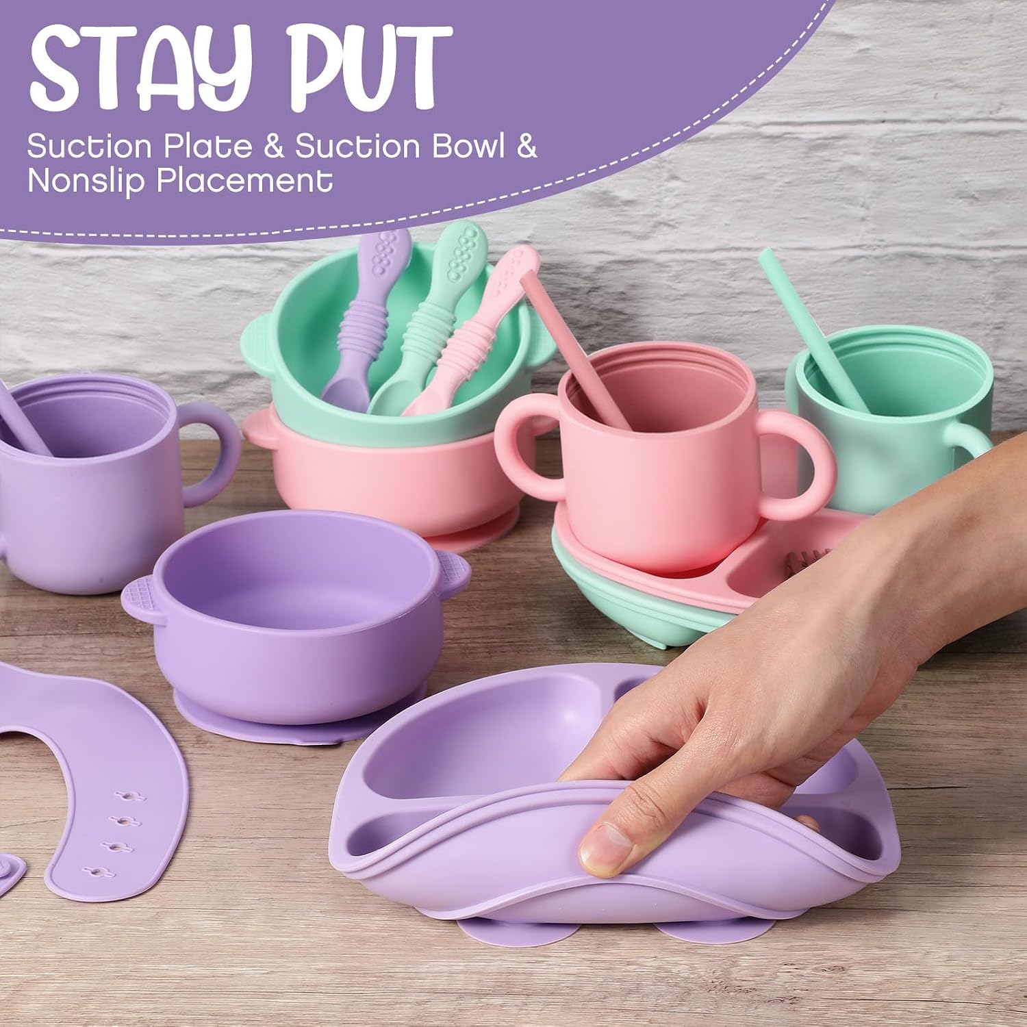 Yinder 24 Pack Silicone Baby Feeding Set Baby Led Weaning Essentials Suction Divided Plate Bowl Spoon Fork Adjustable Bib Snack Cup Straw for 6+ Months(Pink, Purple, Mint Green)