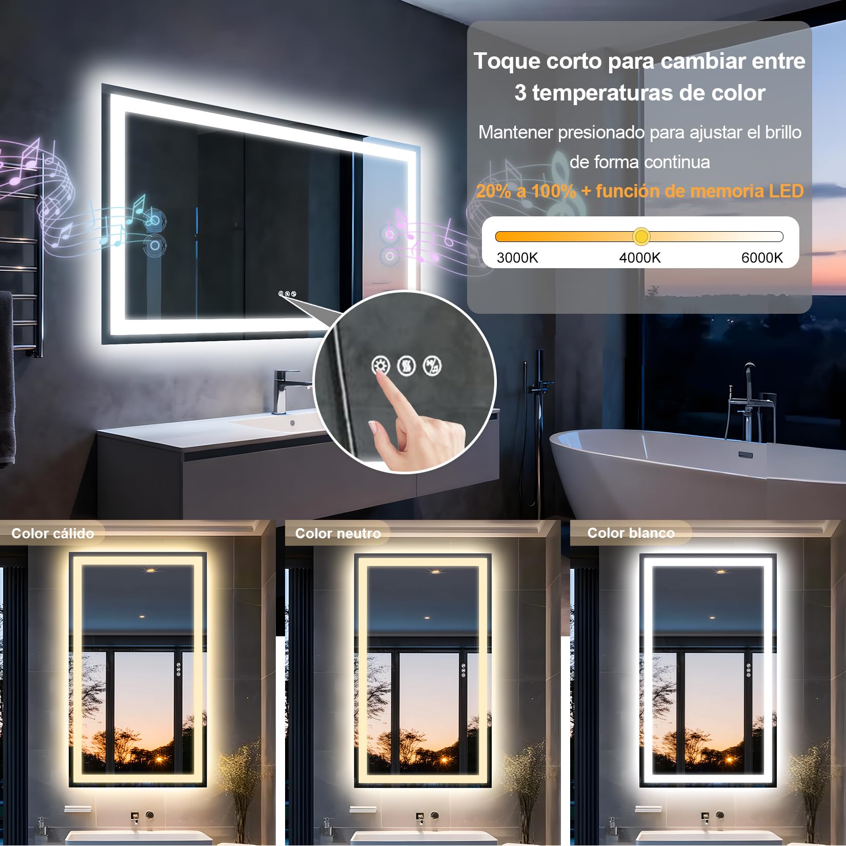 Espejo de baño LED con Luces, Altavoz Dual Bluetooth 100x70 cm, antivaho, 3 temperaturas de Color, Brillo Regulable, función de Memoria, Impermeable, diseño de Montaje en Pared, Vidrio Templado