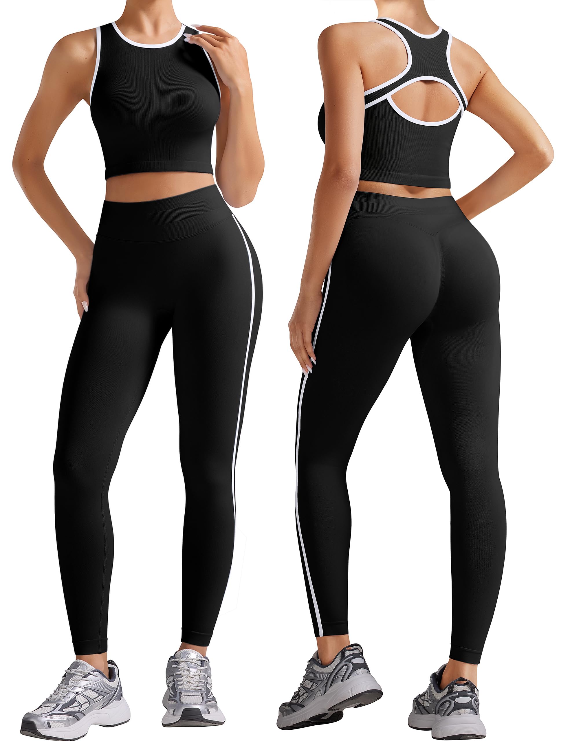 OLCHEE Womens Workout Sets 2 Piece Seamless Gym Yoga Outfits Butt Scrunch Leggings Crop Tank Top with Contrast