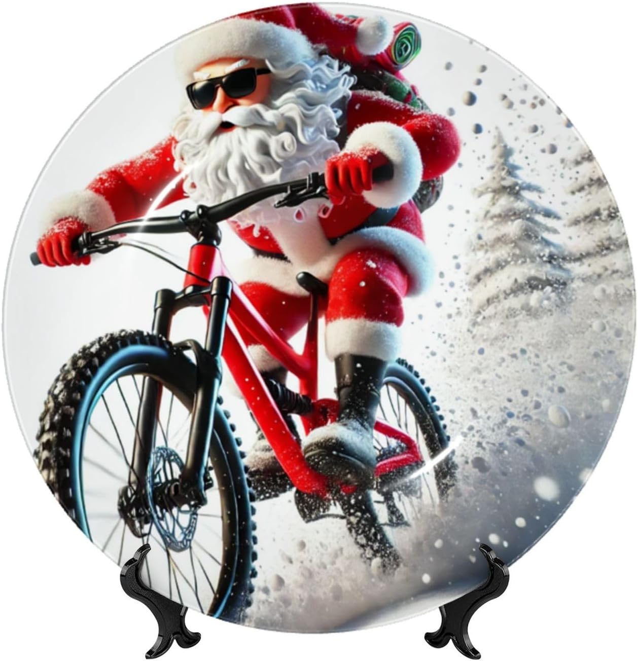 Santa-Claus-Riding-Mountain-Bike 10 Inch Decorative Plate With Stand, Elegant Display Wall Plate For Home Decor